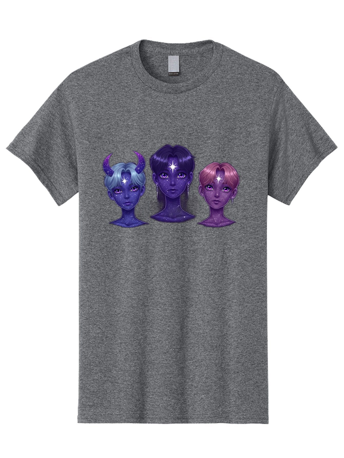 Galactic-K-Pop-Idols Men'S Graphic Tee, 100% Cotton, Comfortable Casual Summer Wear, Machine Washable, K-Pop Idols, Purple Skin Tone, Starry Faces, Horns On Head, Cartoon Style, Galaxy Inspired, Vibrant Hairstyles, Bold Earrings, Bab937 14