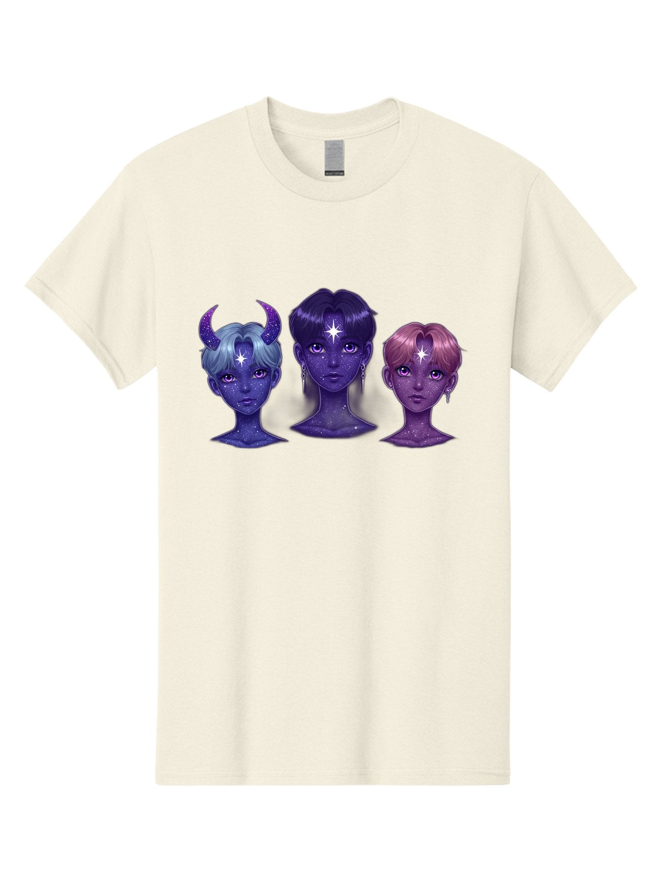 Galactic-K-Pop-Idols Men'S Graphic Tee, 100% Cotton, Comfortable Casual Summer Wear, Machine Washable, K-Pop Idols, Purple Skin Tone, Starry Faces, Horns On Head, Cartoon Style, Galaxy Inspired, Vibrant Hairstyles, Bold Earrings, Bab937 9
