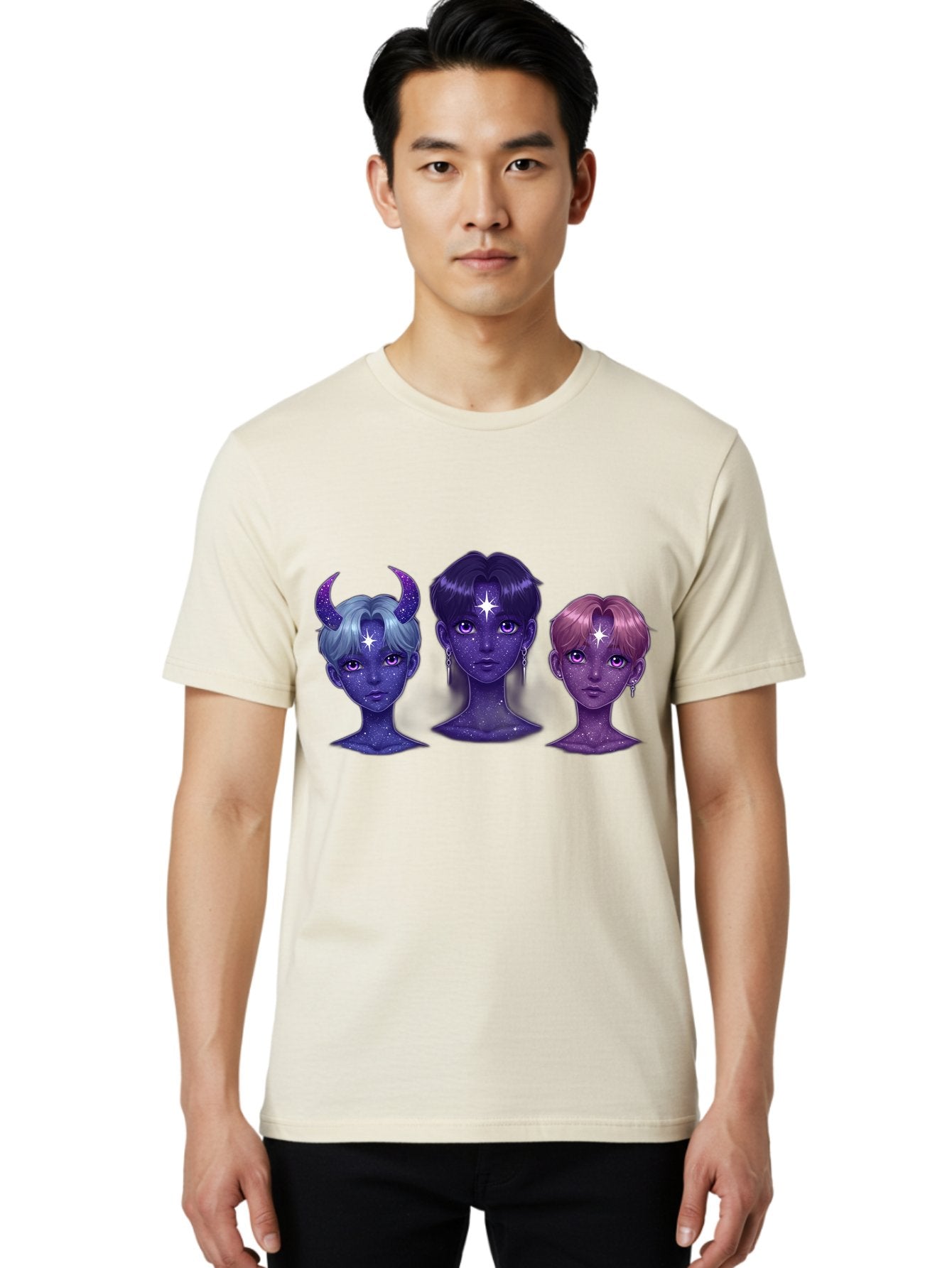 Galactic-K-Pop-Idols Men'S Graphic Tee, 100% Cotton, Comfortable Casual Summer Wear, Machine Washable, K-Pop Idols, Purple Skin Tone, Starry Faces, Horns On Head, Cartoon Style, Galaxy Inspired, Vibrant Hairstyles, Bold Earrings, Bab937 26