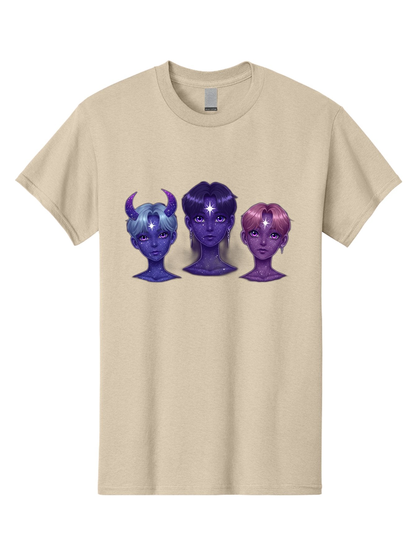 Galactic-K-Pop-Idols Men'S Graphic Tee, 100% Cotton, Comfortable Casual Summer Wear, Machine Washable, K-Pop Idols, Purple Skin Tone, Starry Faces, Horns On Head, Cartoon Style, Galaxy Inspired, Vibrant Hairstyles, Bold Earrings, Bab937 10