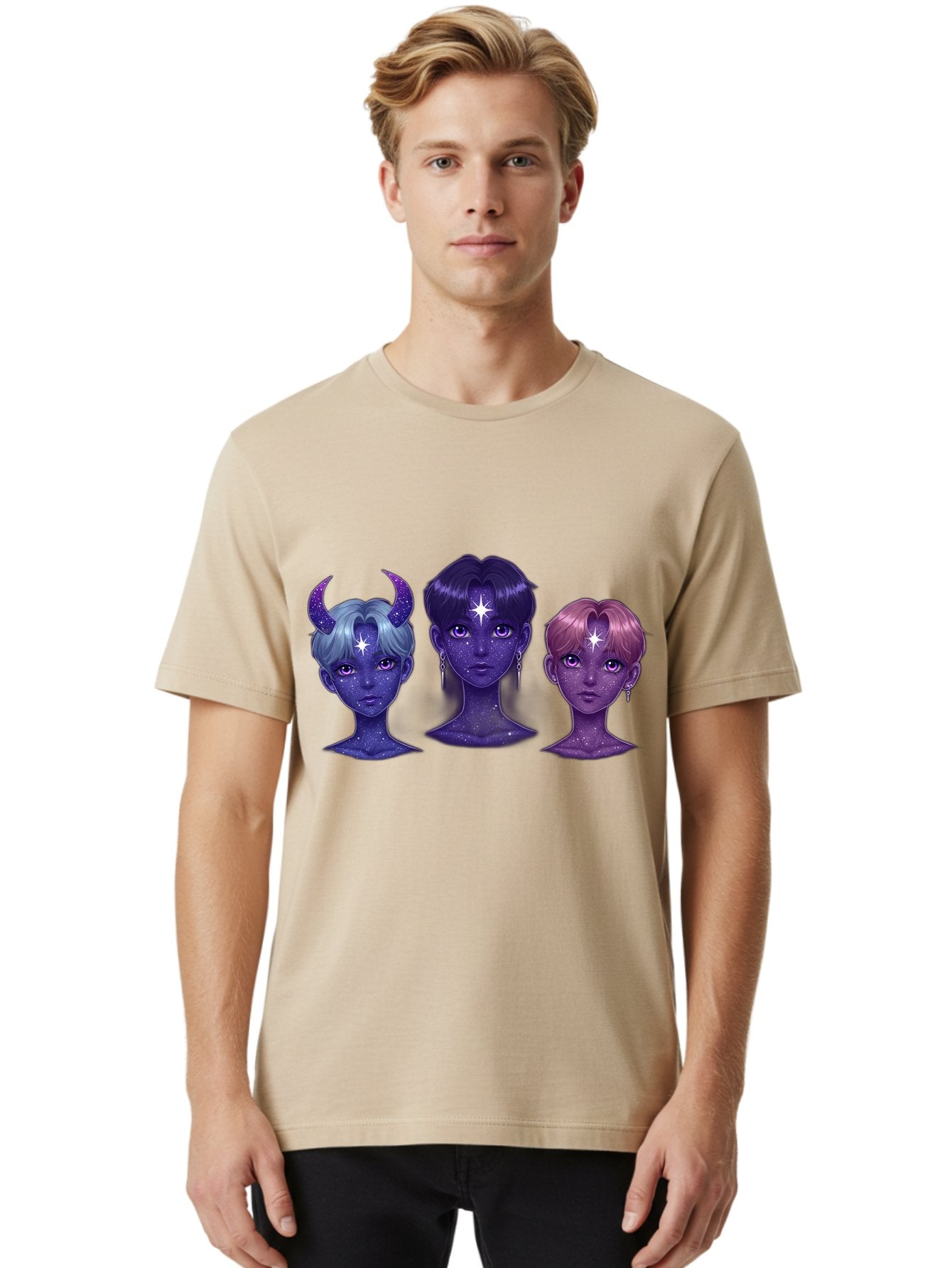 Galactic-K-Pop-Idols Men'S Graphic Tee, 100% Cotton, Comfortable Casual Summer Wear, Machine Washable, K-Pop Idols, Purple Skin Tone, Starry Faces, Horns On Head, Cartoon Style, Galaxy Inspired, Vibrant Hairstyles, Bold Earrings, Bab937 17