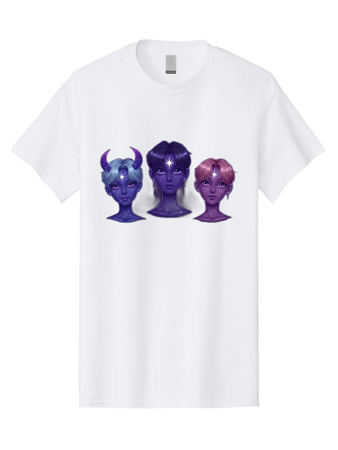 Galactic-K-Pop-Idols Men'S Graphic Tee, 100% Cotton, Comfortable Casual Summer Wear, Machine Washable, K-Pop Idols, Purple Skin Tone, Starry Faces, Horns On Head, Cartoon Style, Galaxy Inspired, Vibrant Hairstyles, Bold Earrings, Bab937 6