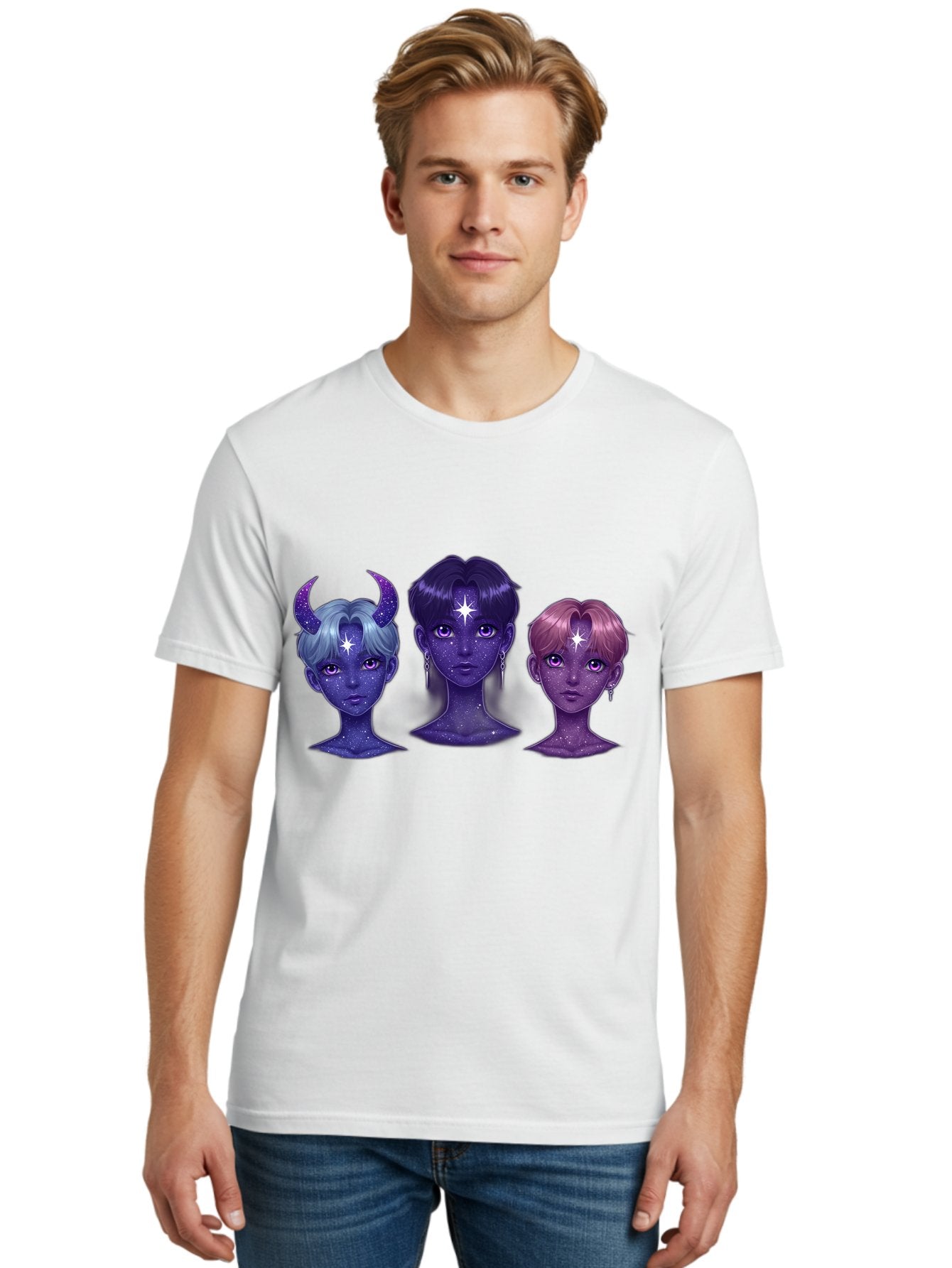 Galactic-K-Pop-Idols Men'S Graphic Tee, 100% Cotton, Comfortable Casual Summer Wear, Machine Washable, K-Pop Idols, Purple Skin Tone, Starry Faces, Horns On Head, Cartoon Style, Galaxy Inspired, Vibrant Hairstyles, Bold Earrings, Bab937 24