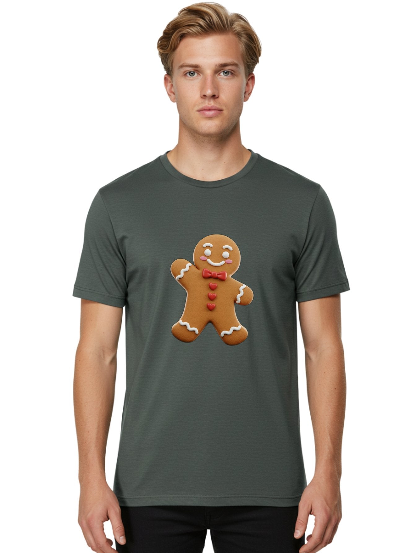Gingerbread-Man-1 Men'S Graphic Tee, 100% Cotton, Comfortable Casual Summer Wear, Machine Washable, Gingerbread Man, Sweet Treat, Holiday Baking, Festive Cookie, Whimsical Design, Red Bow Tie, White Icing, Heart Buttons, Cartoon Character Bab941 18
