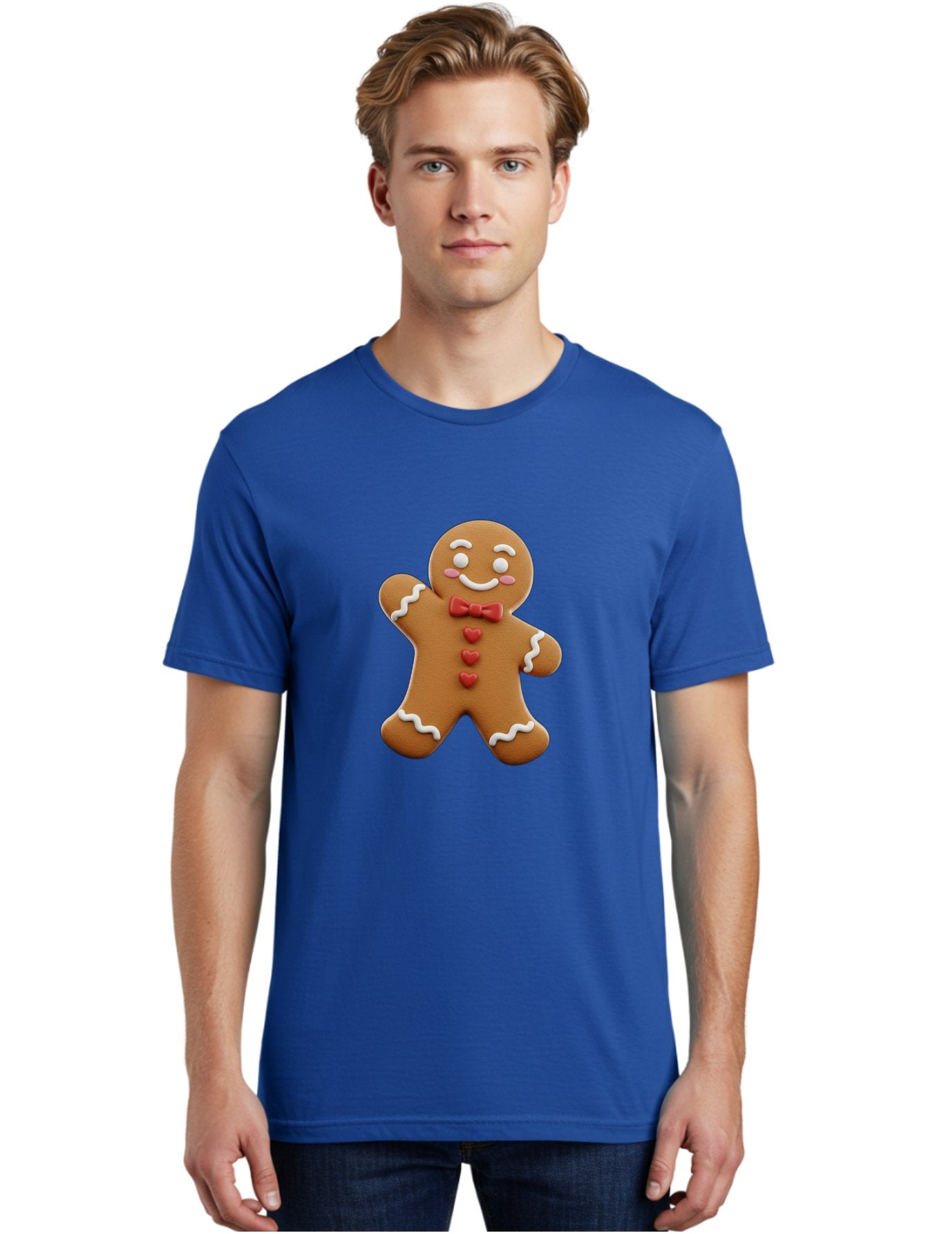 Gingerbread-Man-1 Men'S Graphic Tee, 100% Cotton, Comfortable Casual Summer Wear, Machine Washable, Gingerbread Man, Sweet Treat, Holiday Baking, Festive Cookie, Whimsical Design, Red Bow Tie, White Icing, Heart Buttons, Cartoon Character Bab941 16