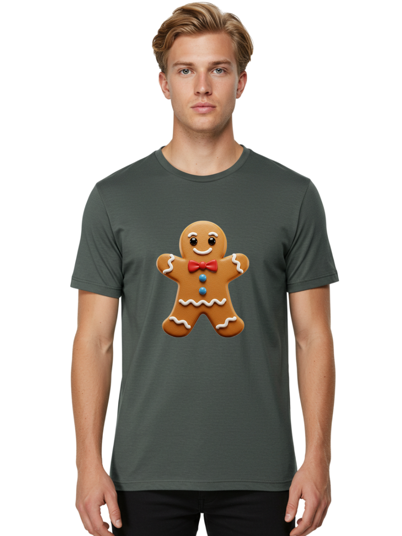 Gingerbread-Man-15 Men'S Graphic Tee, 100% Cotton, Comfortable Casual Summer Wear, Machine Washable, Gingerbread Man, Christmas Cookie, Red Bow Tie, White Icing, Blue Buttons, Festive Treat, Holiday Baking, Sweet Delight, Winter Wonderland Bab947 17