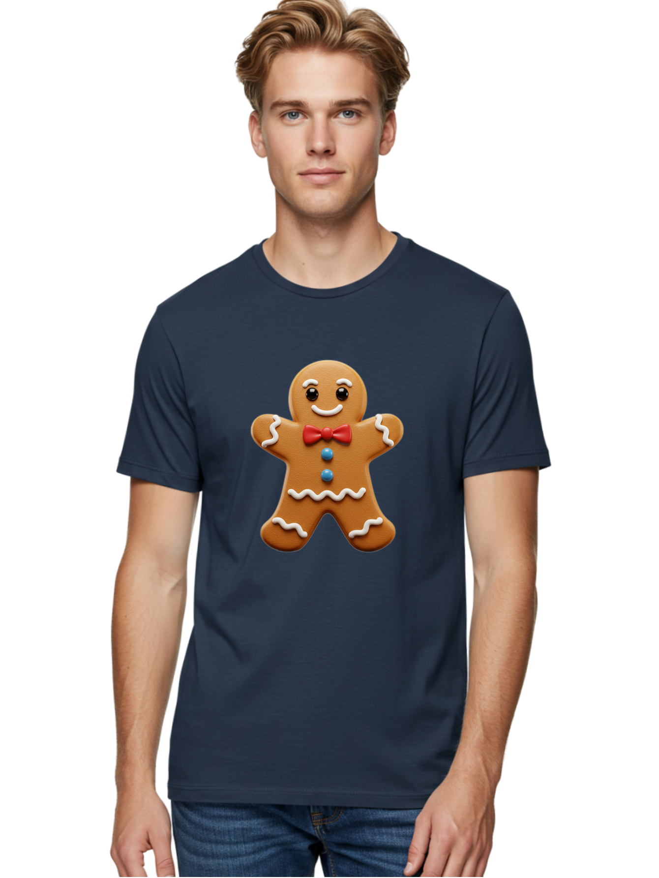 Gingerbread-Man-15 Men'S Graphic Tee, 100% Cotton, Comfortable Casual Summer Wear, Machine Washable, Gingerbread Man, Christmas Cookie, Red Bow Tie, White Icing, Blue Buttons, Festive Treat, Holiday Baking, Sweet Delight, Winter Wonderland Bab947 24