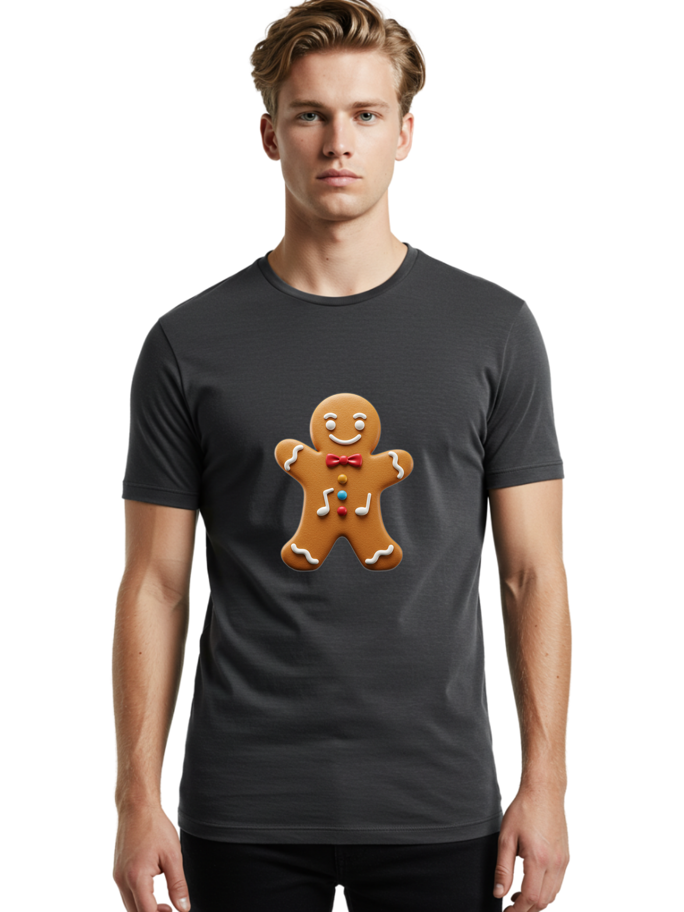 Gingerbread-Man-16 Men'S Graphic Tee, 100% Cotton, Comfortable Casual Summer Wear, Machine Washable, Gingerbread Man, Holiday Treat, Festive Cookie, Christmas Baking, Sweet Decoration, Icing Details, Candy Buttons, Red Bow Tie, White Icing Bab948 18