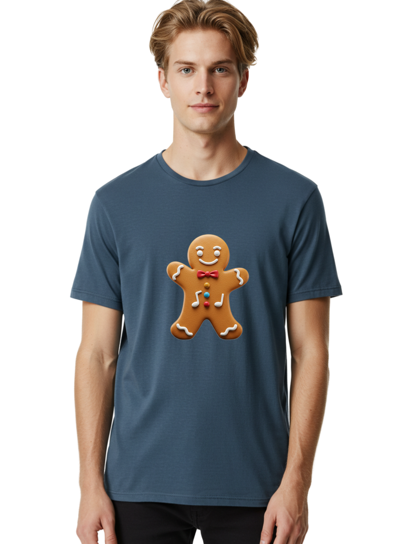 Gingerbread-Man-16 Men'S Graphic Tee, 100% Cotton, Comfortable Casual Summer Wear, Machine Washable, Gingerbread Man, Holiday Treat, Festive Cookie, Christmas Baking, Sweet Decoration, Icing Details, Candy Buttons, Red Bow Tie, White Icing Bab948 17