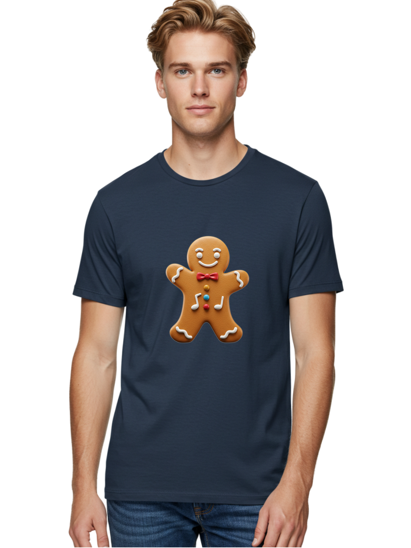 Gingerbread-Man-16 Men'S Graphic Tee, 100% Cotton, Comfortable Casual Summer Wear, Machine Washable, Gingerbread Man, Holiday Treat, Festive Cookie, Christmas Baking, Sweet Decoration, Icing Details, Candy Buttons, Red Bow Tie, White Icing Bab948 25