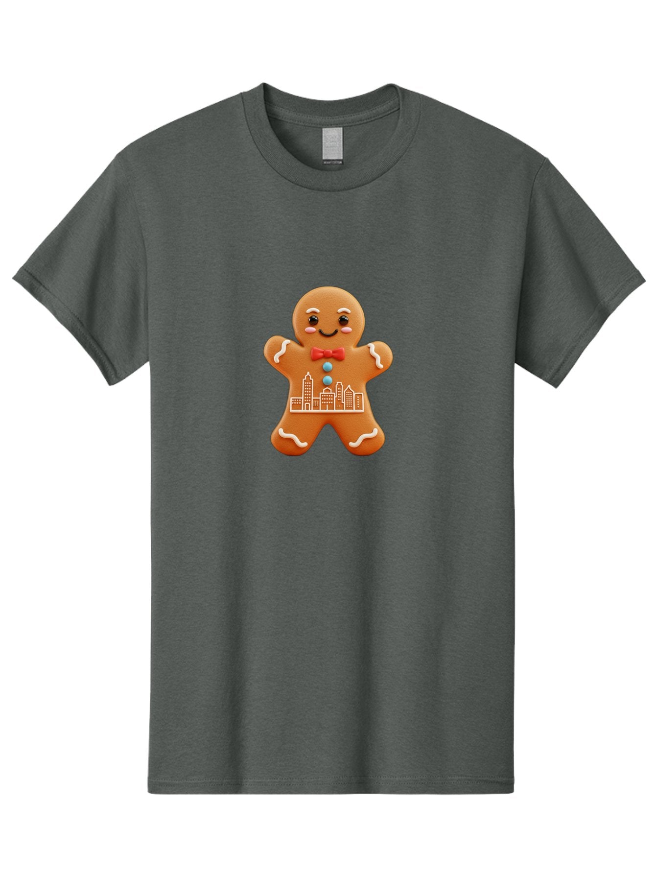 Gingerbread-Man-17 Men'S Graphic Tee, 100% Cotton, Comfortable Casual Summer Wear, Machine Washable, Gingerbread Man, City Design, Festive Treat, Holiday Cookie, Red Bow Tie, White Icing Details, Gingerbread Cookie Art, Cityscape Cookie, Bab949 10