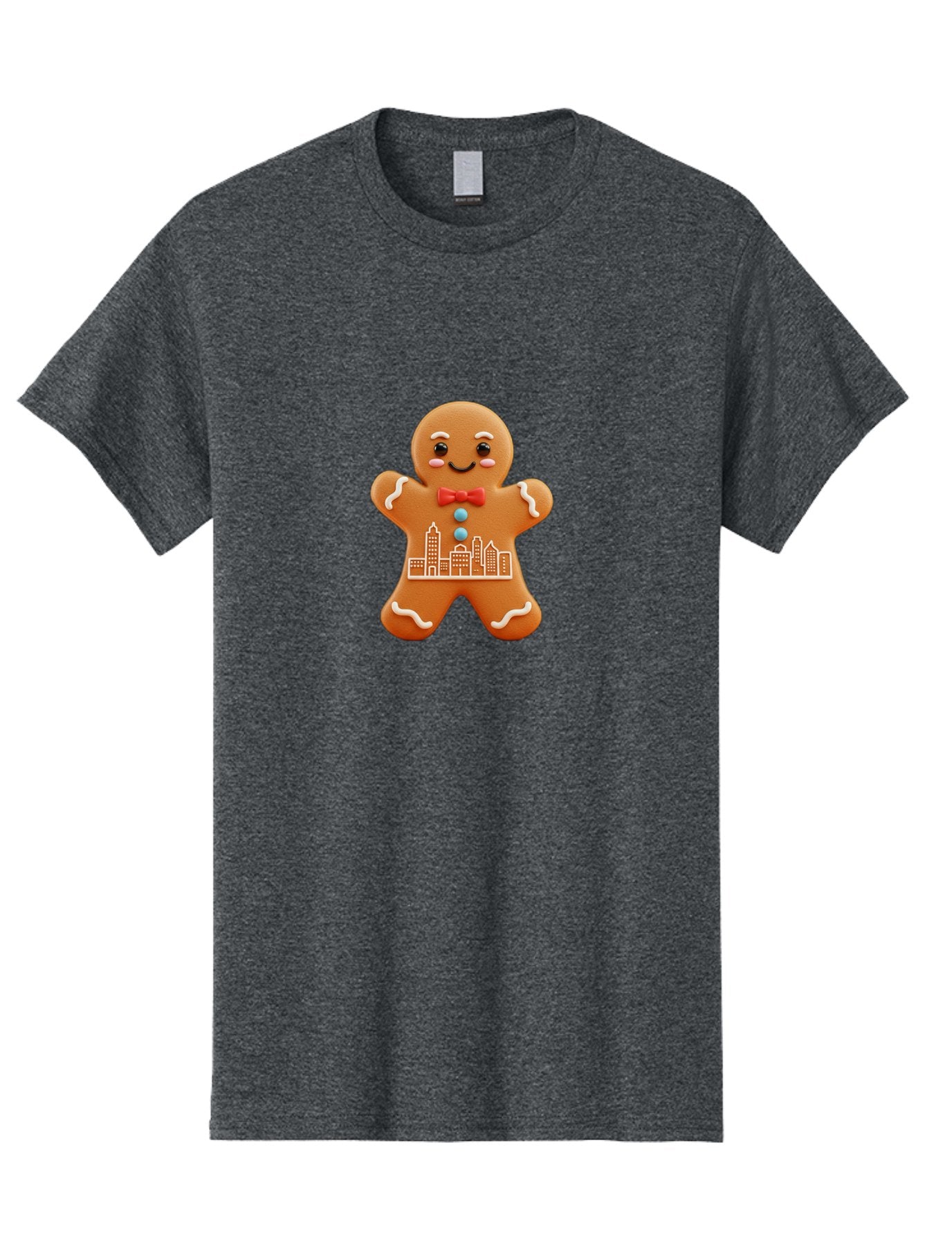 Gingerbread-Man-17 Men'S Graphic Tee, 100% Cotton, Comfortable Casual Summer Wear, Machine Washable, Gingerbread Man, City Design, Festive Treat, Holiday Cookie, Red Bow Tie, White Icing Details, Gingerbread Cookie Art, Cityscape Cookie, Bab949 5