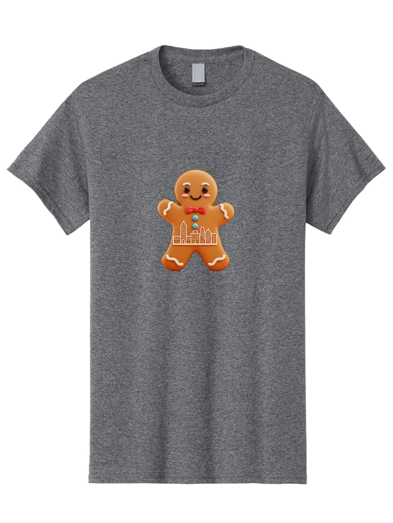 Gingerbread-Man-17 Men'S Graphic Tee, 100% Cotton, Comfortable Casual Summer Wear, Machine Washable, Gingerbread Man, City Design, Festive Treat, Holiday Cookie, Red Bow Tie, White Icing Details, Gingerbread Cookie Art, Cityscape Cookie, Bab949 9