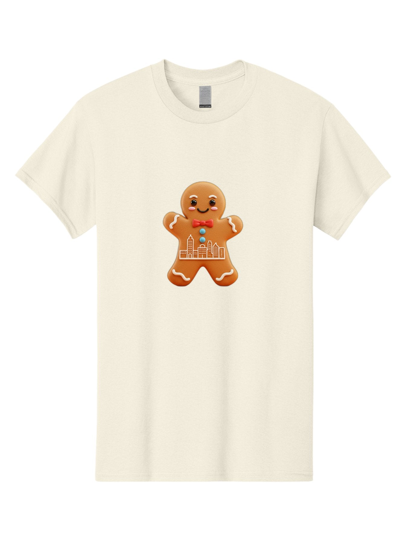 Gingerbread-Man-17 Men'S Graphic Tee, 100% Cotton, Comfortable Casual Summer Wear, Machine Washable, Gingerbread Man, City Design, Festive Treat, Holiday Cookie, Red Bow Tie, White Icing Details, Gingerbread Cookie Art, Cityscape Cookie, Bab949 4