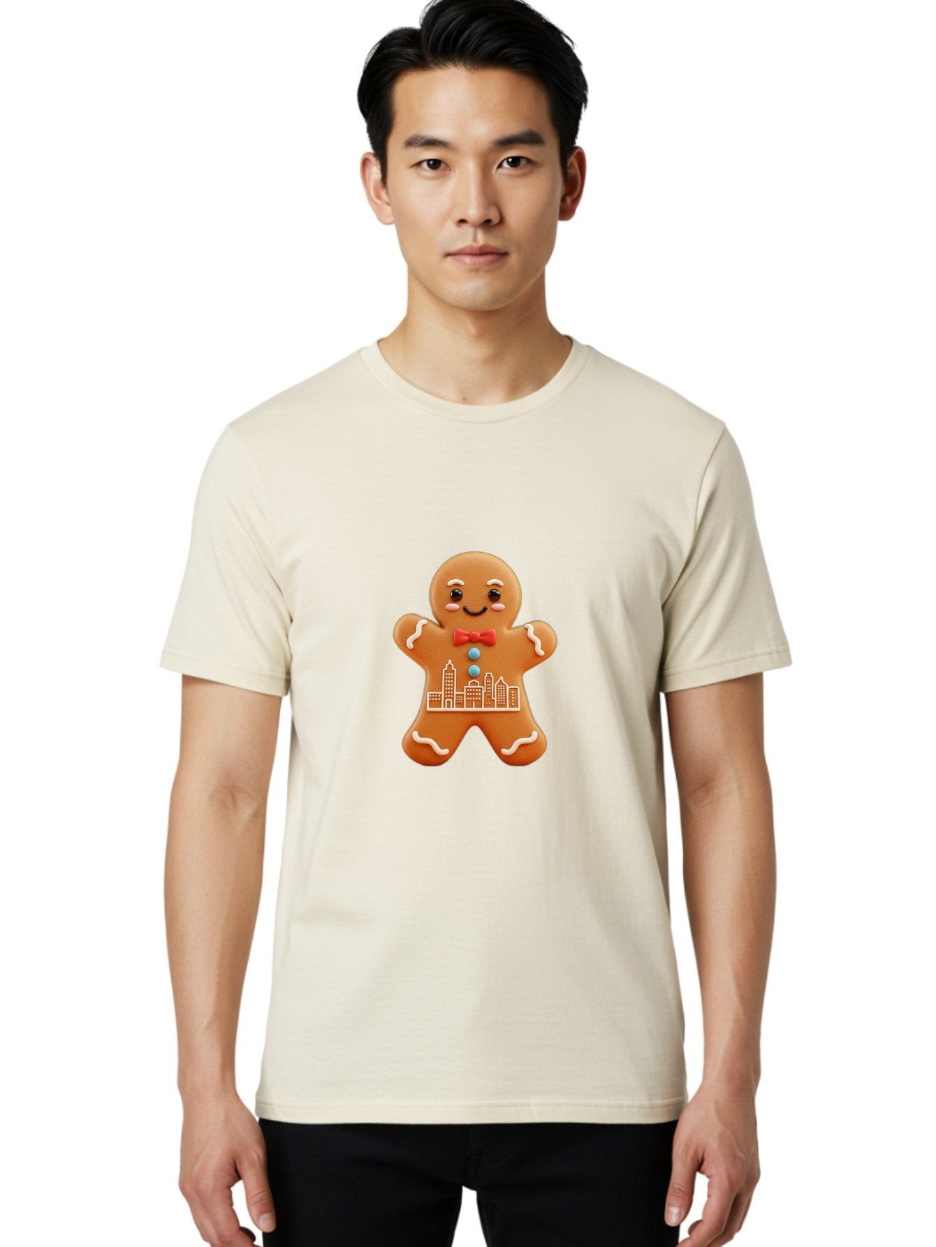 Gingerbread-Man-17 Men'S Graphic Tee, 100% Cotton, Comfortable Casual Summer Wear, Machine Washable, Gingerbread Man, City Design, Festive Treat, Holiday Cookie, Red Bow Tie, White Icing Details, Gingerbread Cookie Art, Cityscape Cookie, Bab949 18