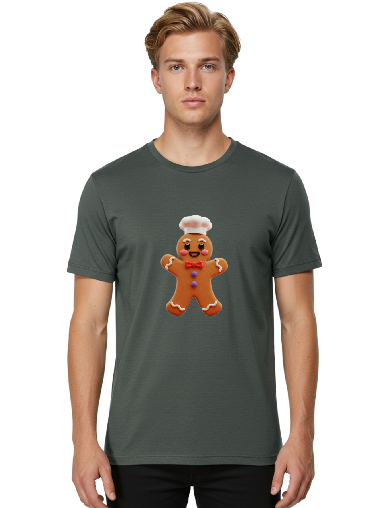 Gingerbread-Man-2 Men'S Graphic Tee, 100% Cotton, Comfortable Casual Summer Wear, Machine Washable, Gingerbread Man, Holiday Treat, Baking Delight, Festive Dessert, Red Bow Tie, Chef'S Hat, Sweet Character, Christmas Cookie Bab950 21