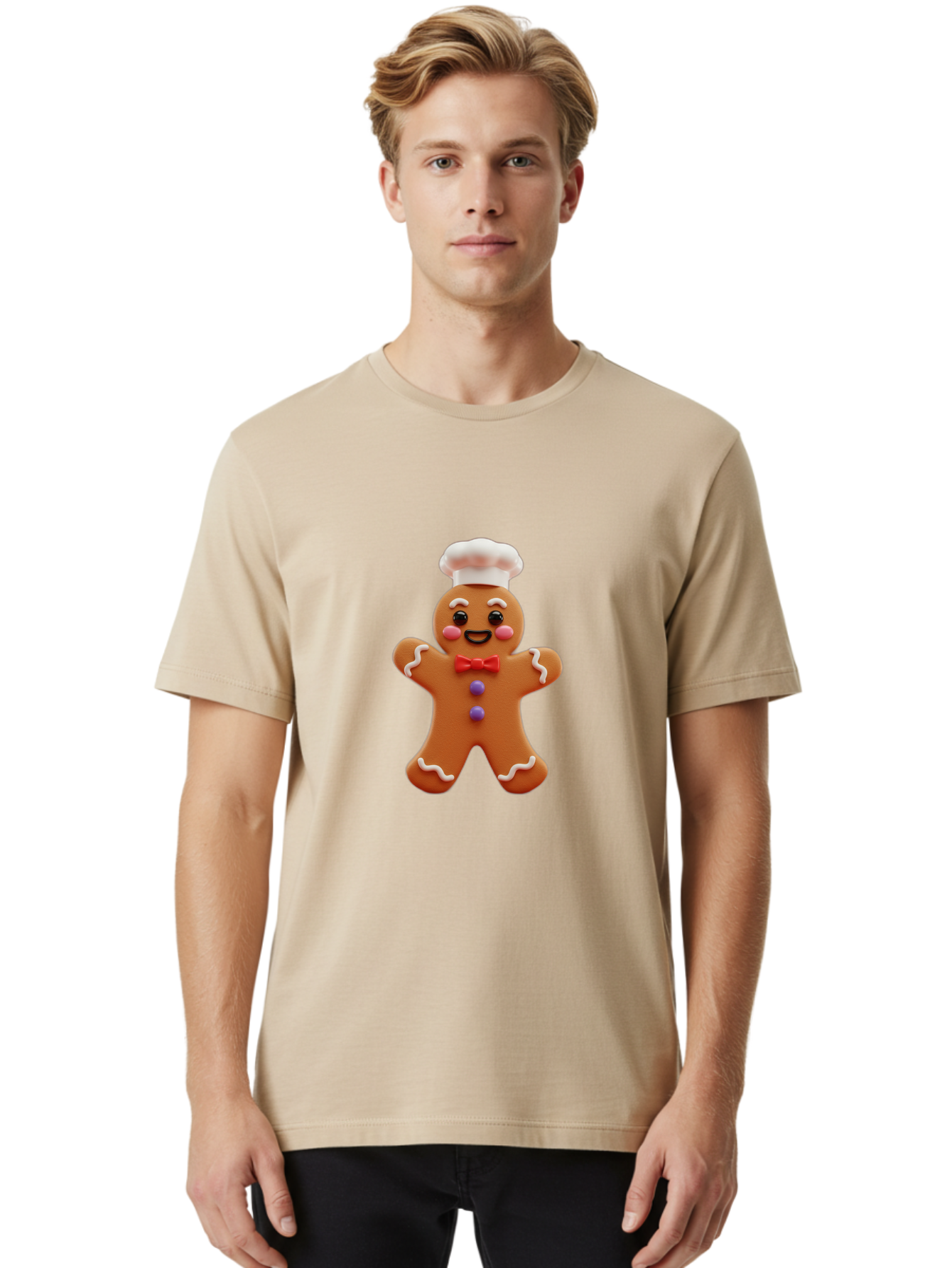Gingerbread-Man-2 Men'S Graphic Tee, 100% Cotton, Comfortable Casual Summer Wear, Machine Washable, Gingerbread Man, Holiday Treat, Baking Delight, Festive Dessert, Red Bow Tie, Chef'S Hat, Sweet Character, Christmas Cookie Bab950 24