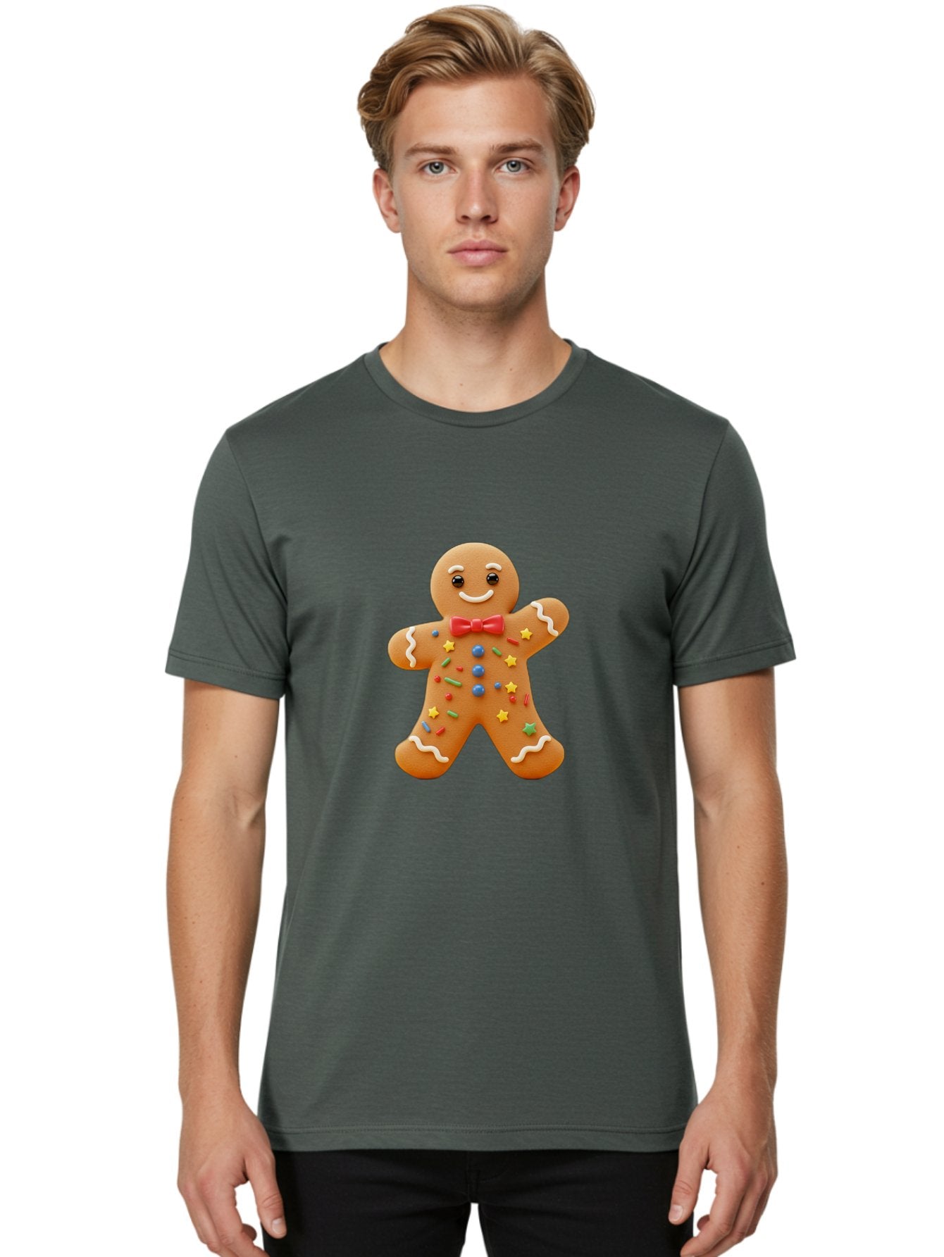 Gingerbread-Man-4 Men'S Graphic Tee, 100% Cotton, Comfortable Casual Summer Wear, Machine Washable, Gingerbread Man, Festive Treat, Holiday Cookie, Icing Decorations, Colorful Sprinkles, Red Bow Tie, Cartoon Character, Sweet Delight, Baking, Bab952 20