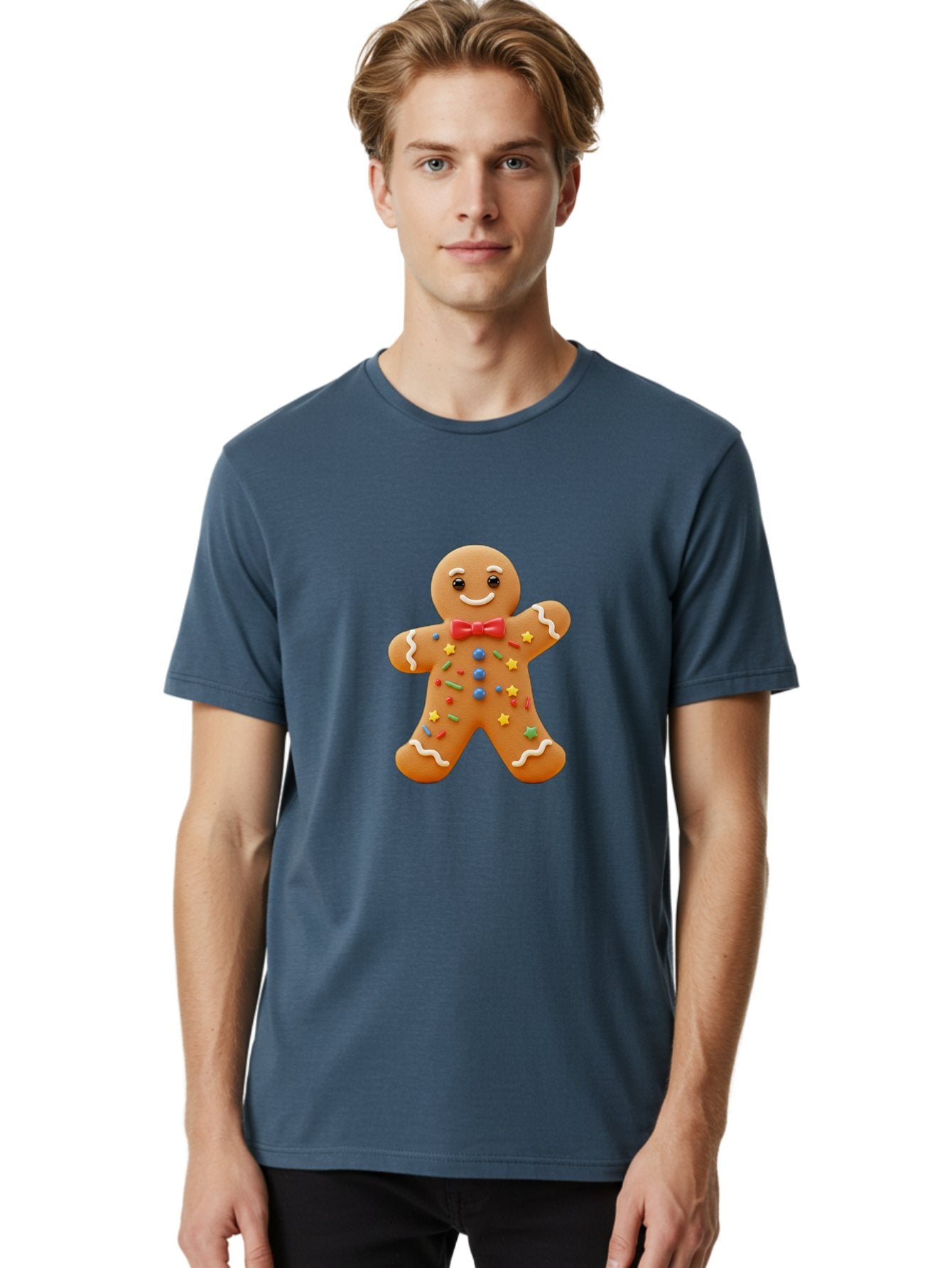 Gingerbread-Man-4 Men'S Graphic Tee, 100% Cotton, Comfortable Casual Summer Wear, Machine Washable, Gingerbread Man, Festive Treat, Holiday Cookie, Icing Decorations, Colorful Sprinkles, Red Bow Tie, Cartoon Character, Sweet Delight, Baking, Bab952 19