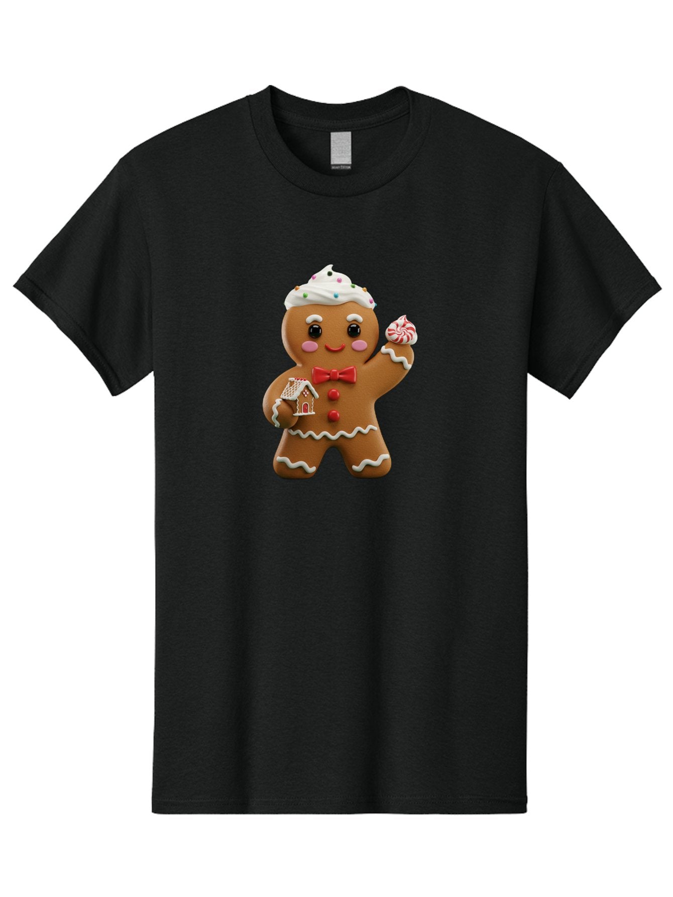 Gingerbread-Man-5 Men'S Graphic Tee, 100% Cotton, Comfortable Casual Summer Wear, Machine Washable, Gingerbread Man, Holiday Treat, Festive Dessert, Candy Decorations, Icing Details, Red Bow Tie, Red Buttons, Gingerbread House, Candy Cane, Bab953 13