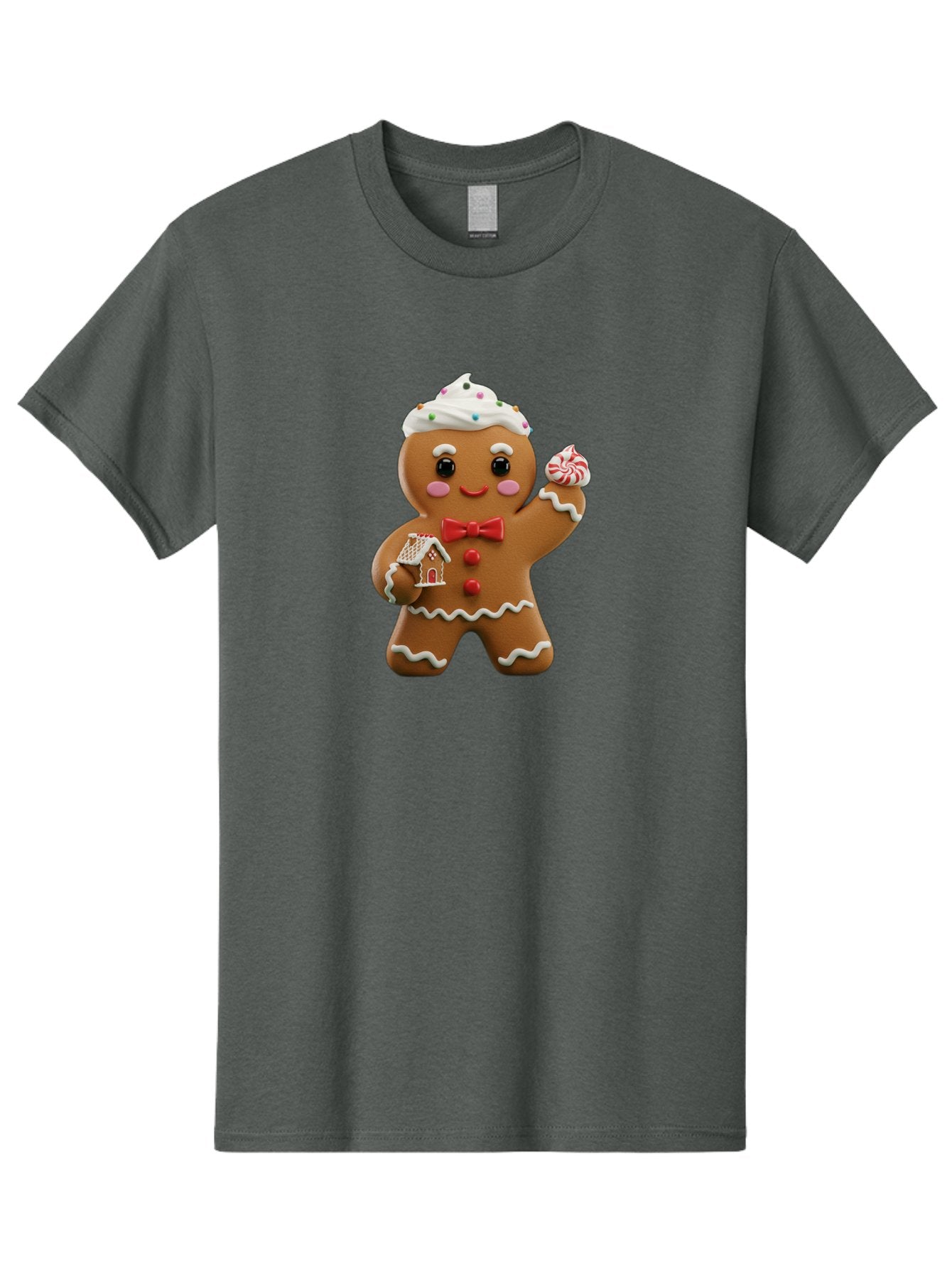Gingerbread-Man-5 Men'S Graphic Tee, 100% Cotton, Comfortable Casual Summer Wear, Machine Washable, Gingerbread Man, Holiday Treat, Festive Dessert, Candy Decorations, Icing Details, Red Bow Tie, Red Buttons, Gingerbread House, Candy Cane, Bab953 9