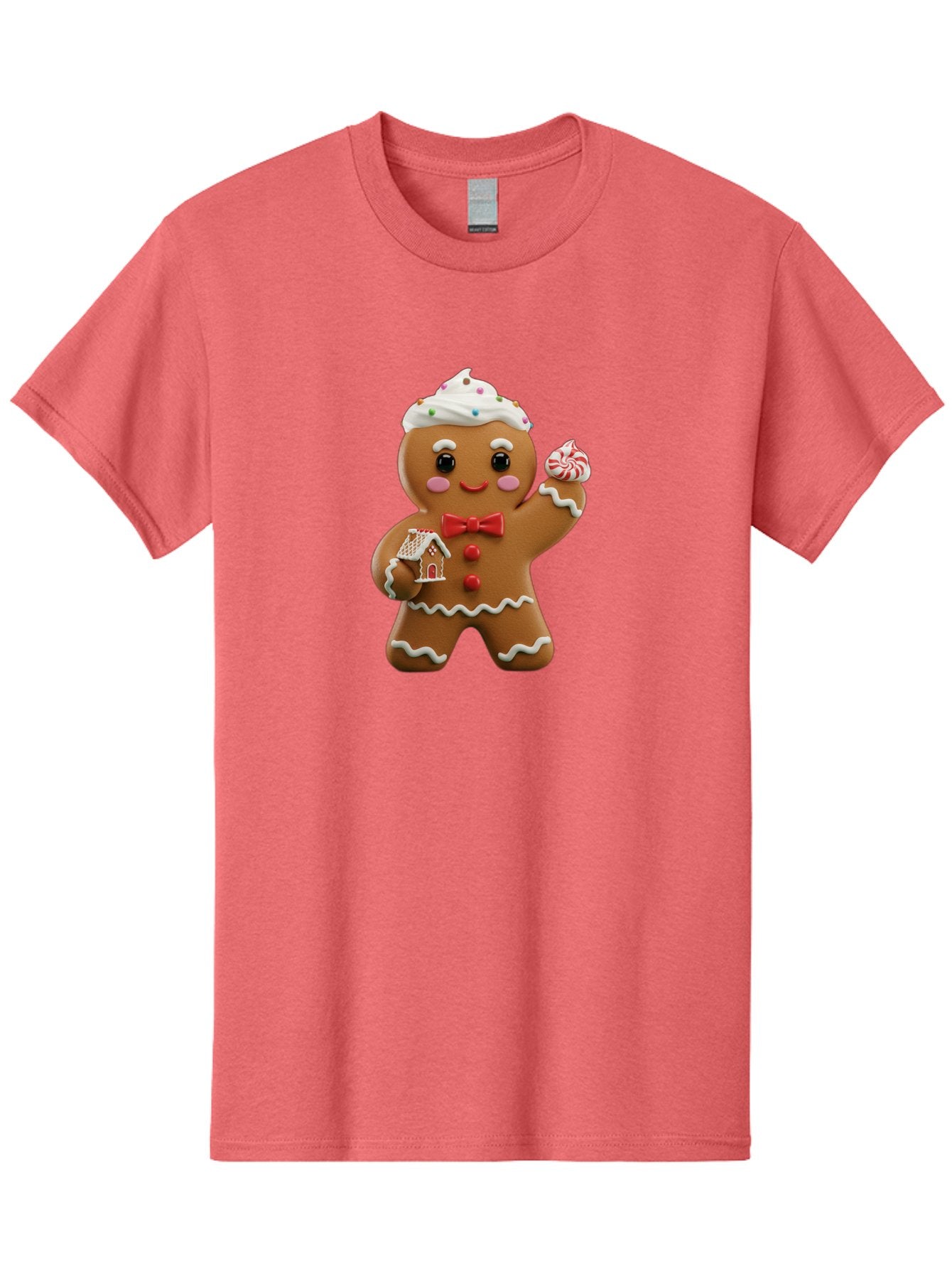 Gingerbread-Man-5 Men'S Graphic Tee, 100% Cotton, Comfortable Casual Summer Wear, Machine Washable, Gingerbread Man, Holiday Treat, Festive Dessert, Candy Decorations, Icing Details, Red Bow Tie, Red Buttons, Gingerbread House, Candy Cane, Bab953 7