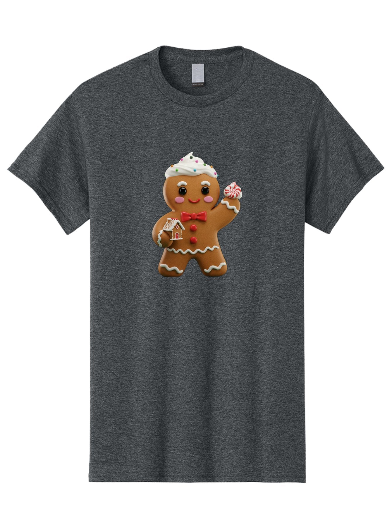 Gingerbread-Man-5 Men'S Graphic Tee, 100% Cotton, Comfortable Casual Summer Wear, Machine Washable, Gingerbread Man, Holiday Treat, Festive Dessert, Candy Decorations, Icing Details, Red Bow Tie, Red Buttons, Gingerbread House, Candy Cane, Bab953 8