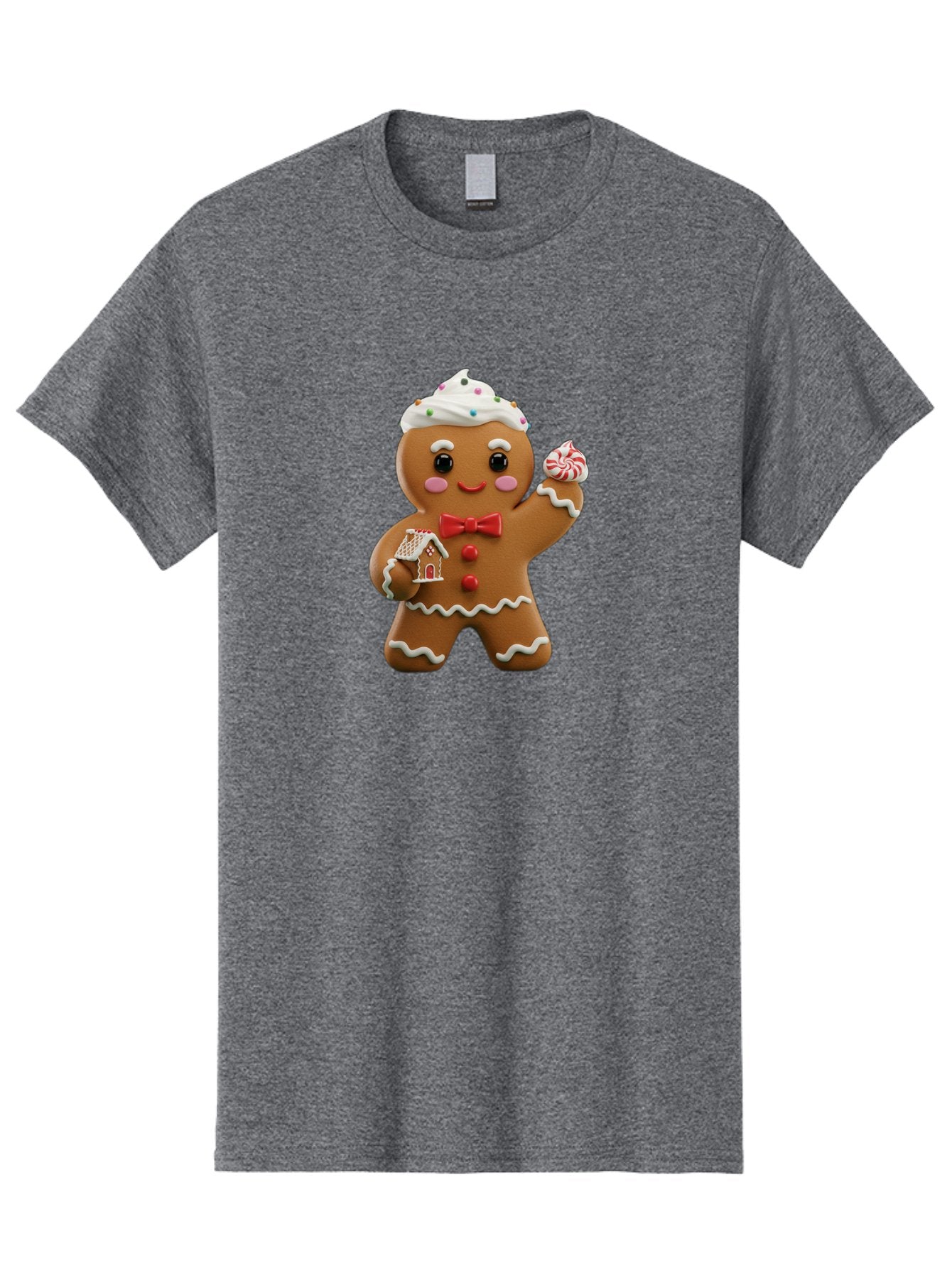 Gingerbread-Man-5 Men'S Graphic Tee, 100% Cotton, Comfortable Casual Summer Wear, Machine Washable, Gingerbread Man, Holiday Treat, Festive Dessert, Candy Decorations, Icing Details, Red Bow Tie, Red Buttons, Gingerbread House, Candy Cane, Bab953