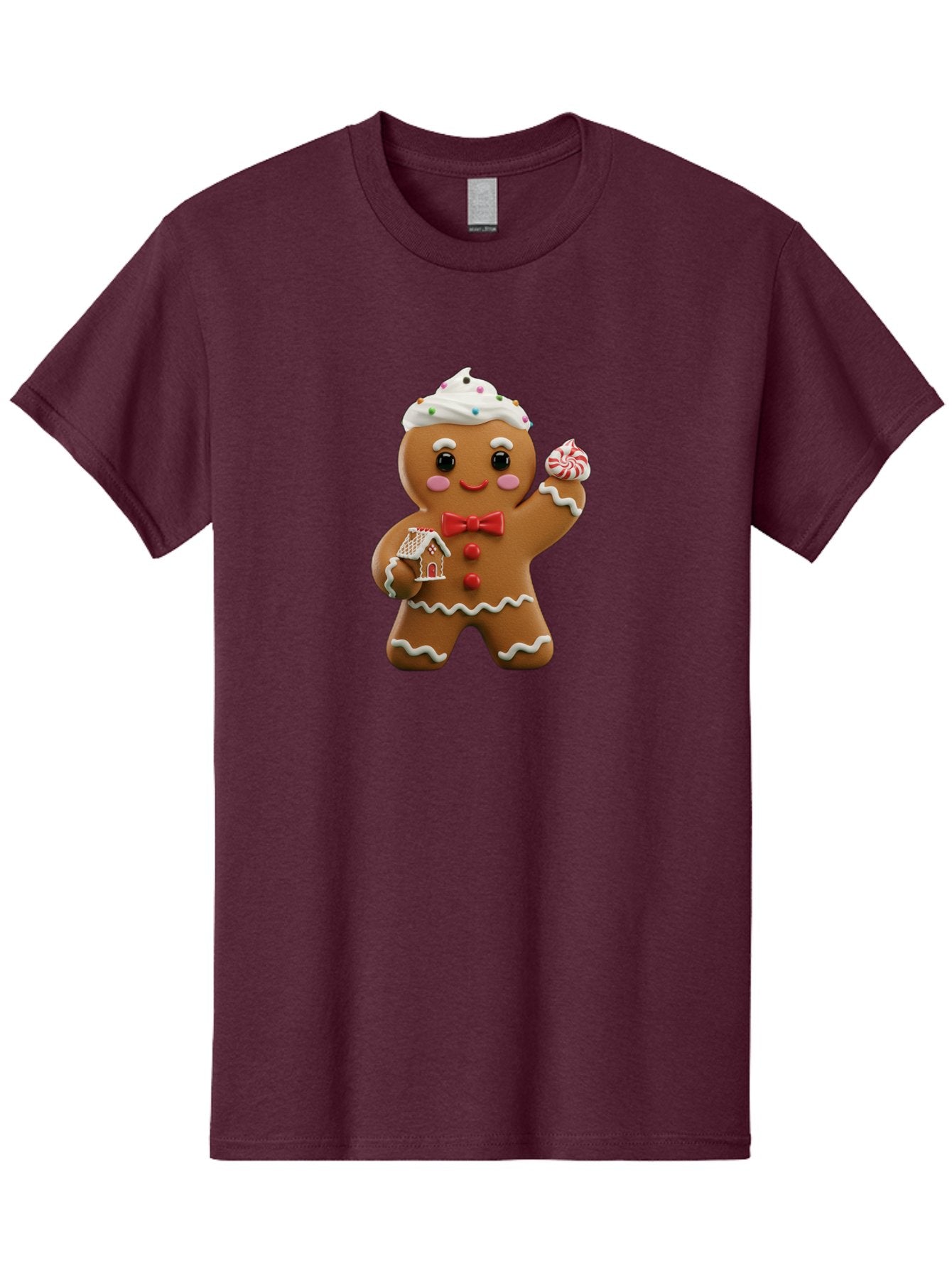 Gingerbread-Man-5 Men'S Graphic Tee, 100% Cotton, Comfortable Casual Summer Wear, Machine Washable, Gingerbread Man, Holiday Treat, Festive Dessert, Candy Decorations, Icing Details, Red Bow Tie, Red Buttons, Gingerbread House, Candy Cane, Bab953