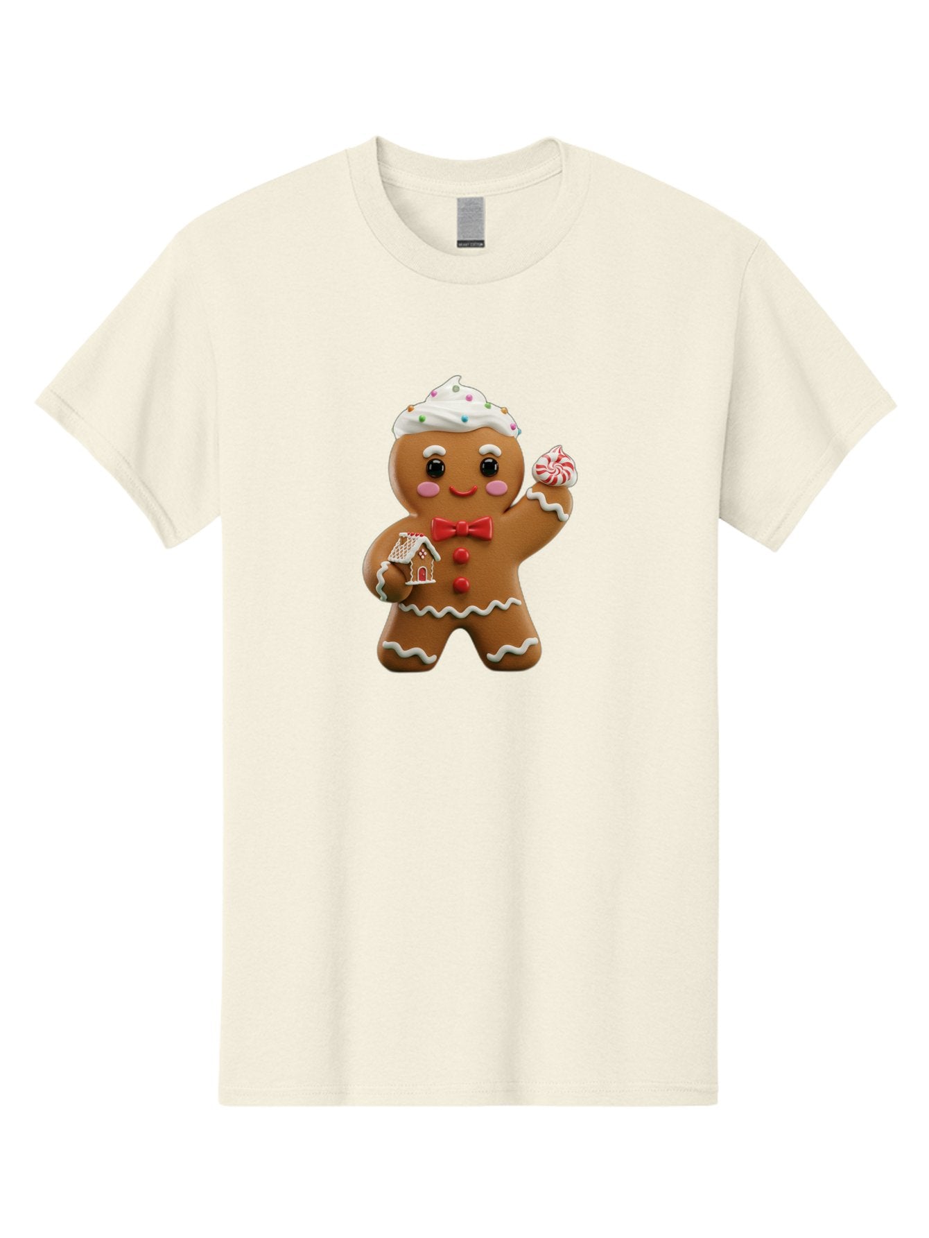 Gingerbread-Man-5 Men'S Graphic Tee, 100% Cotton, Comfortable Casual Summer Wear, Machine Washable, Gingerbread Man, Holiday Treat, Festive Dessert, Candy Decorations, Icing Details, Red Bow Tie, Red Buttons, Gingerbread House, Candy Cane, Bab953 4