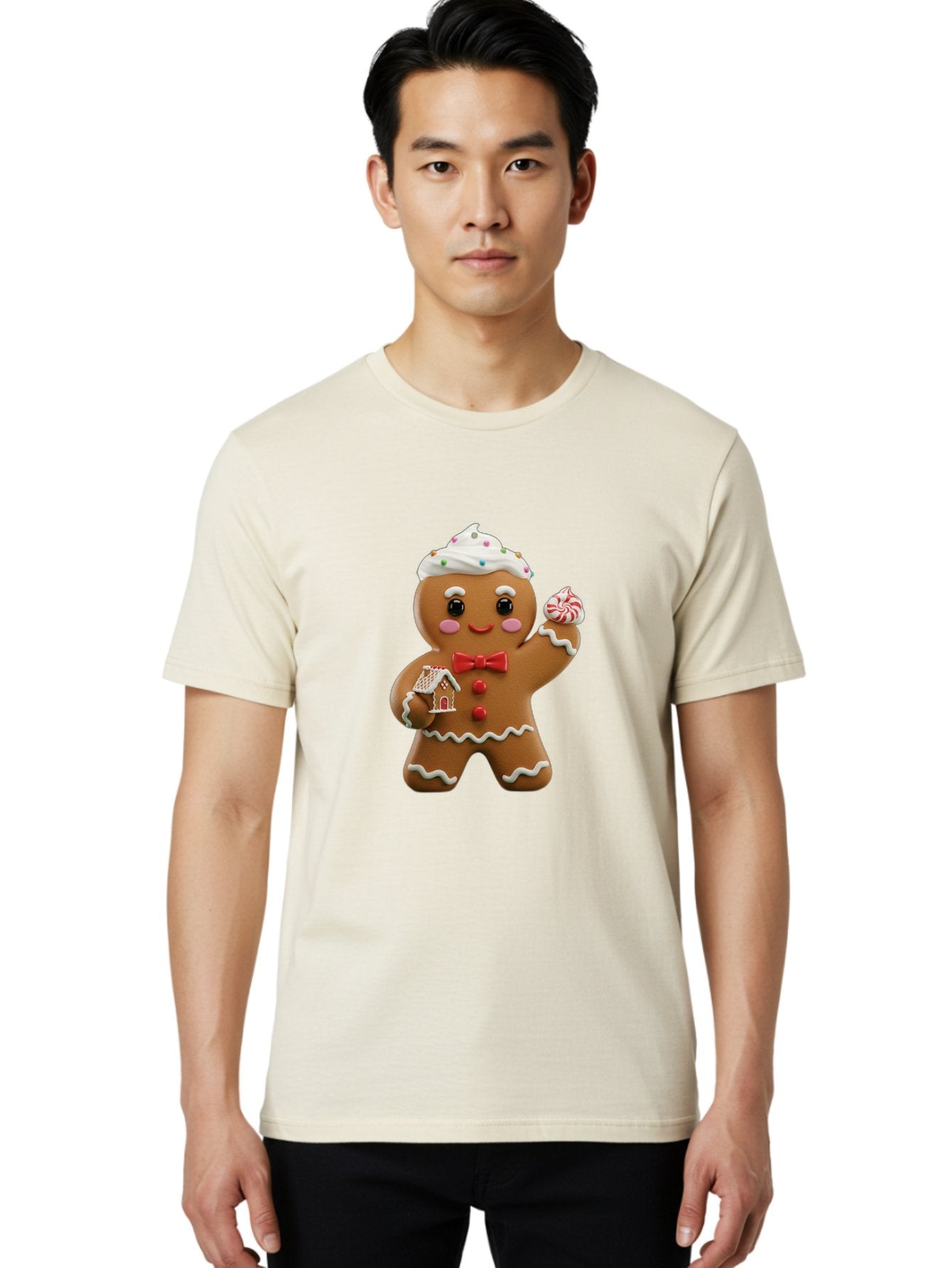 Gingerbread-Man-5 Men'S Graphic Tee, 100% Cotton, Comfortable Casual Summer Wear, Machine Washable, Gingerbread Man, Holiday Treat, Festive Dessert, Candy Decorations, Icing Details, Red Bow Tie, Red Buttons, Gingerbread House, Candy Cane, Bab953 18
