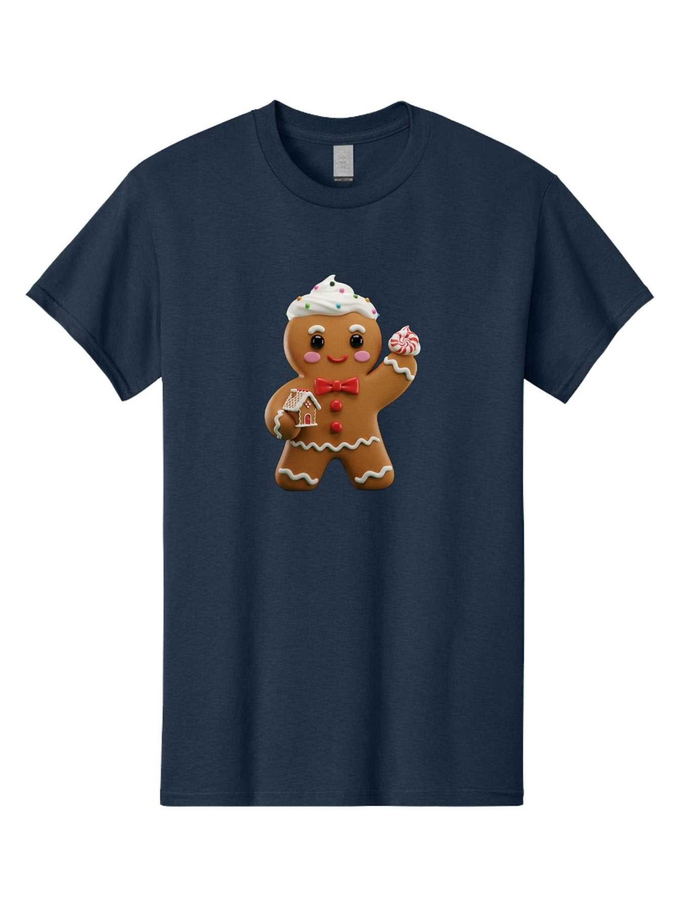 Gingerbread-Man-5 Men'S Graphic Tee, 100% Cotton, Comfortable Casual Summer Wear, Machine Washable, Gingerbread Man, Holiday Treat, Festive Dessert, Candy Decorations, Icing Details, Red Bow Tie, Red Buttons, Gingerbread House, Candy Cane, Bab953 10