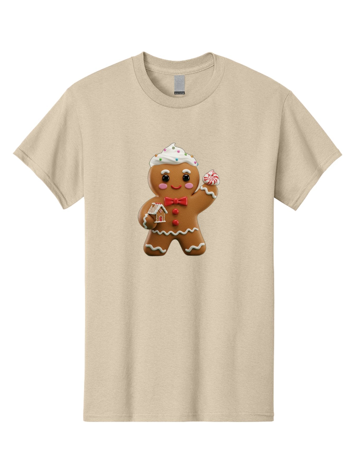 Gingerbread-Man-5 Men'S Graphic Tee, 100% Cotton, Comfortable Casual Summer Wear, Machine Washable, Gingerbread Man, Holiday Treat, Festive Dessert, Candy Decorations, Icing Details, Red Bow Tie, Red Buttons, Gingerbread House, Candy Cane, Bab953 15