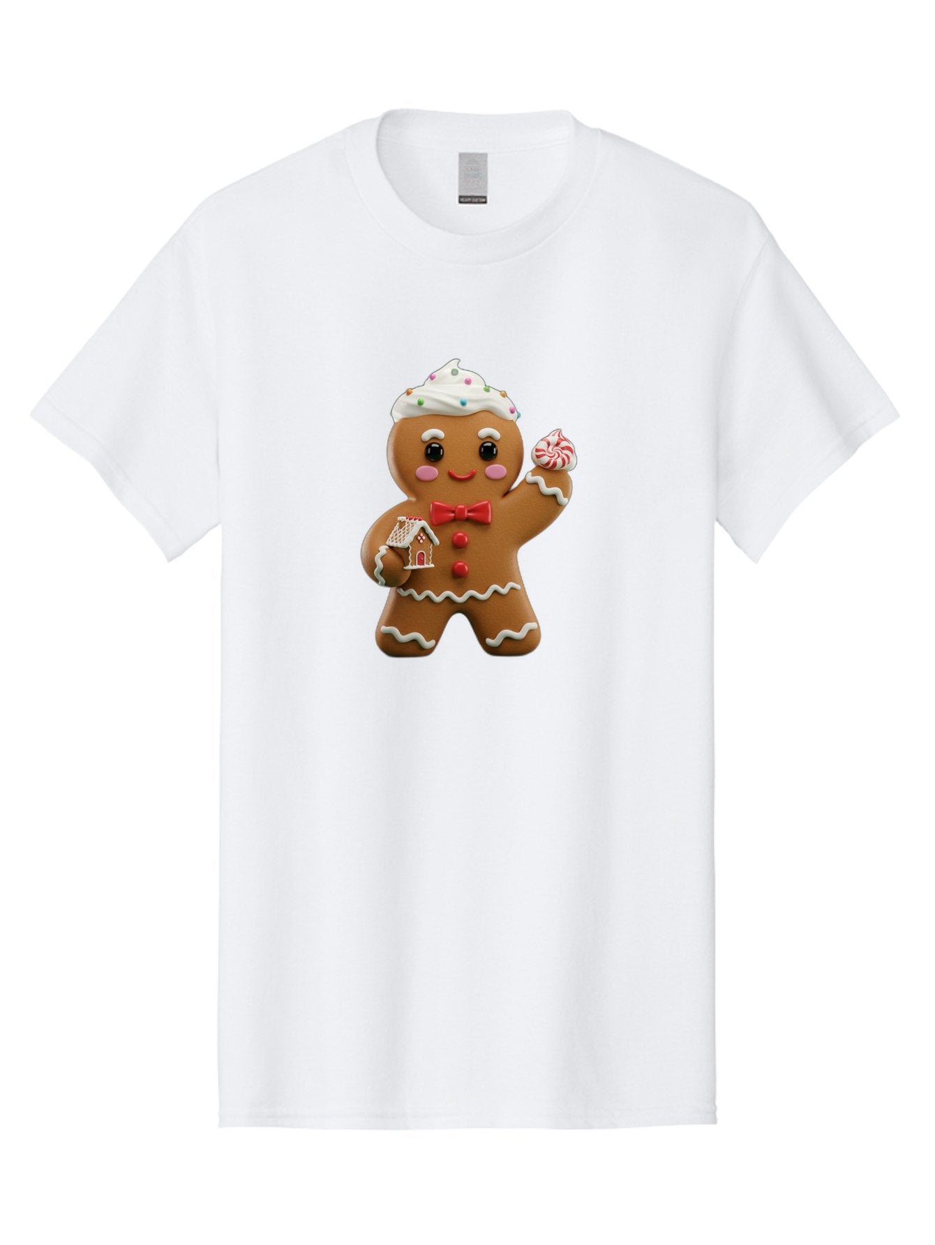 Gingerbread-Man-5 Men'S Graphic Tee, 100% Cotton, Comfortable Casual Summer Wear, Machine Washable, Gingerbread Man, Holiday Treat, Festive Dessert, Candy Decorations, Icing Details, Red Bow Tie, Red Buttons, Gingerbread House, Candy Cane, Bab953 6