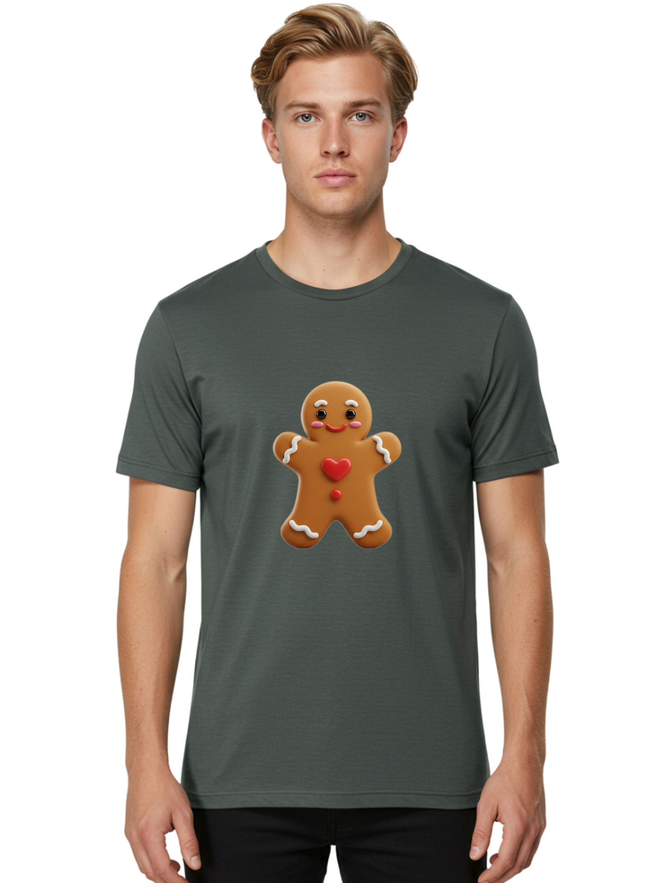 Gingerbread-Man-8 Men'S Graphic Tee, 100% Cotton, Comfortable Casual Summer Wear, Machine Washable, 3D Gingerbread Man, Festive Holiday Treat, Cartoon Character, White Icing Details, Red Heart Decoration, Sweet Indulgence, Christmas Cookie, Bab956 26