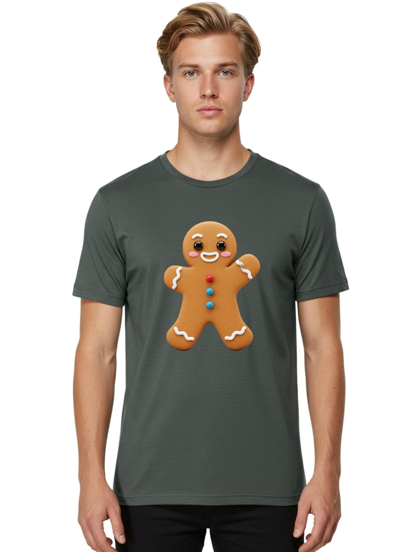Gingerbread-Man Men'S Graphic Tee, 100% Cotton, Comfortable Casual Summer Wear, Machine Washable, Gingerbread Man, Sweet Treats, Holiday Baking, Cartoon Character, Friendly Face, White Icing, Colorful Buttons, Festive Decorations, Bab958 24