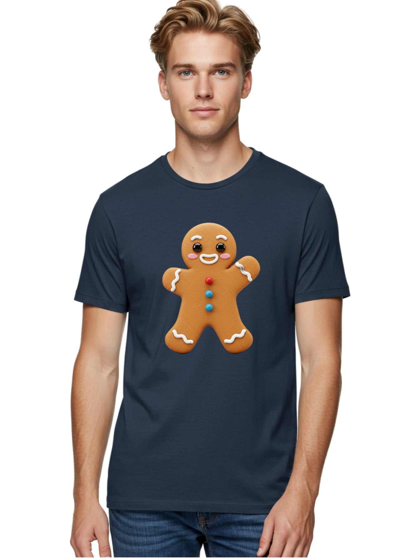 Gingerbread-Man Men'S Graphic Tee, 100% Cotton, Comfortable Casual Summer Wear, Machine Washable, Gingerbread Man, Sweet Treats, Holiday Baking, Cartoon Character, Friendly Face, White Icing, Colorful Buttons, Festive Decorations, Bab958 30