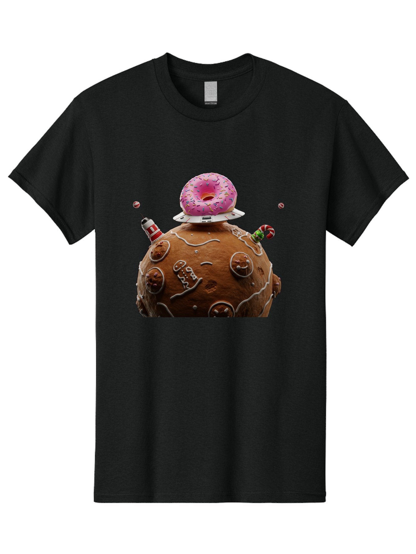 Gingerbread-Planet Men'S Graphic Tee, 100% Cotton, Comfortable Casual Summer Wear, Machine Washable, Donut Spaceship, Pink Donut, Gingerbread Planet, Candy Decorations, Icing Details, Whimsical Scene, Sweet Treats, Dessert Art, Ufo, Spaceship, Bab959