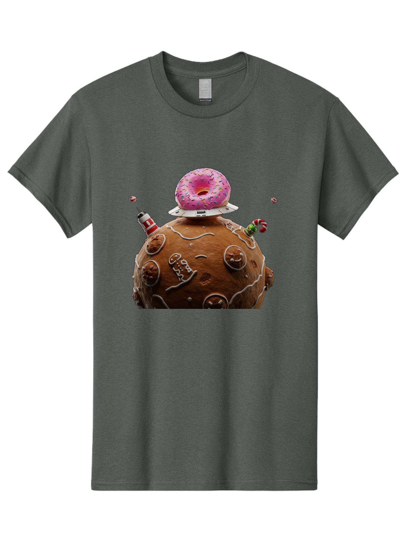 Gingerbread-Planet Men'S Graphic Tee, 100% Cotton, Comfortable Casual Summer Wear, Machine Washable, Donut Spaceship, Pink Donut, Gingerbread Planet, Candy Decorations, Icing Details, Whimsical Scene, Sweet Treats, Dessert Art, Ufo, Spaceship, Bab959 11