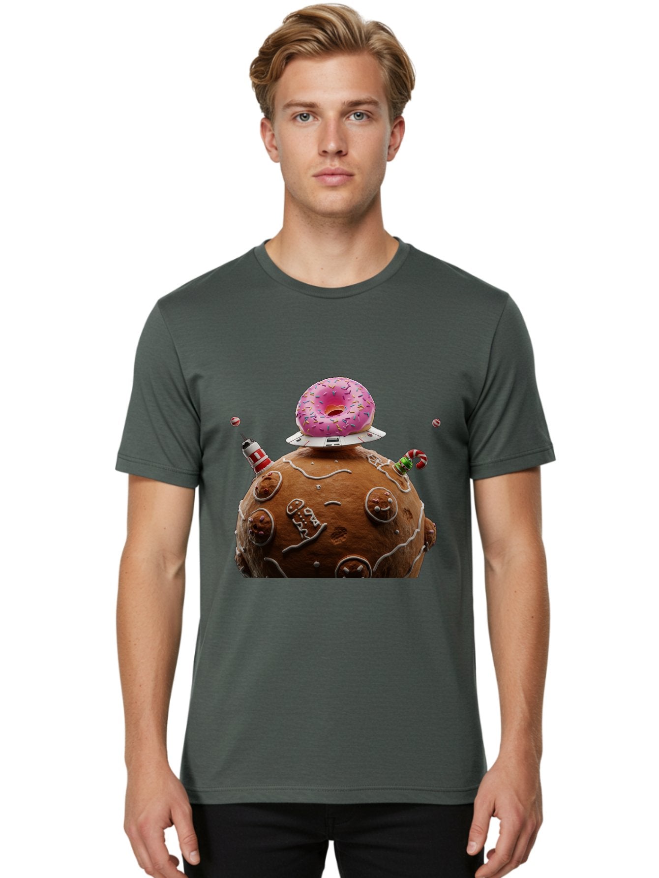 Gingerbread-Planet Men'S Graphic Tee, 100% Cotton, Comfortable Casual Summer Wear, Machine Washable, Donut Spaceship, Pink Donut, Gingerbread Planet, Candy Decorations, Icing Details, Whimsical Scene, Sweet Treats, Dessert Art, Ufo, Spaceship, Bab959 27