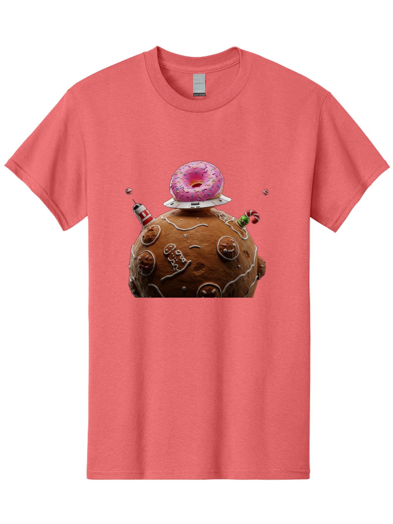 Gingerbread-Planet Men'S Graphic Tee, 100% Cotton, Comfortable Casual Summer Wear, Machine Washable, Donut Spaceship, Pink Donut, Gingerbread Planet, Candy Decorations, Icing Details, Whimsical Scene, Sweet Treats, Dessert Art, Ufo, Spaceship, Bab959 12