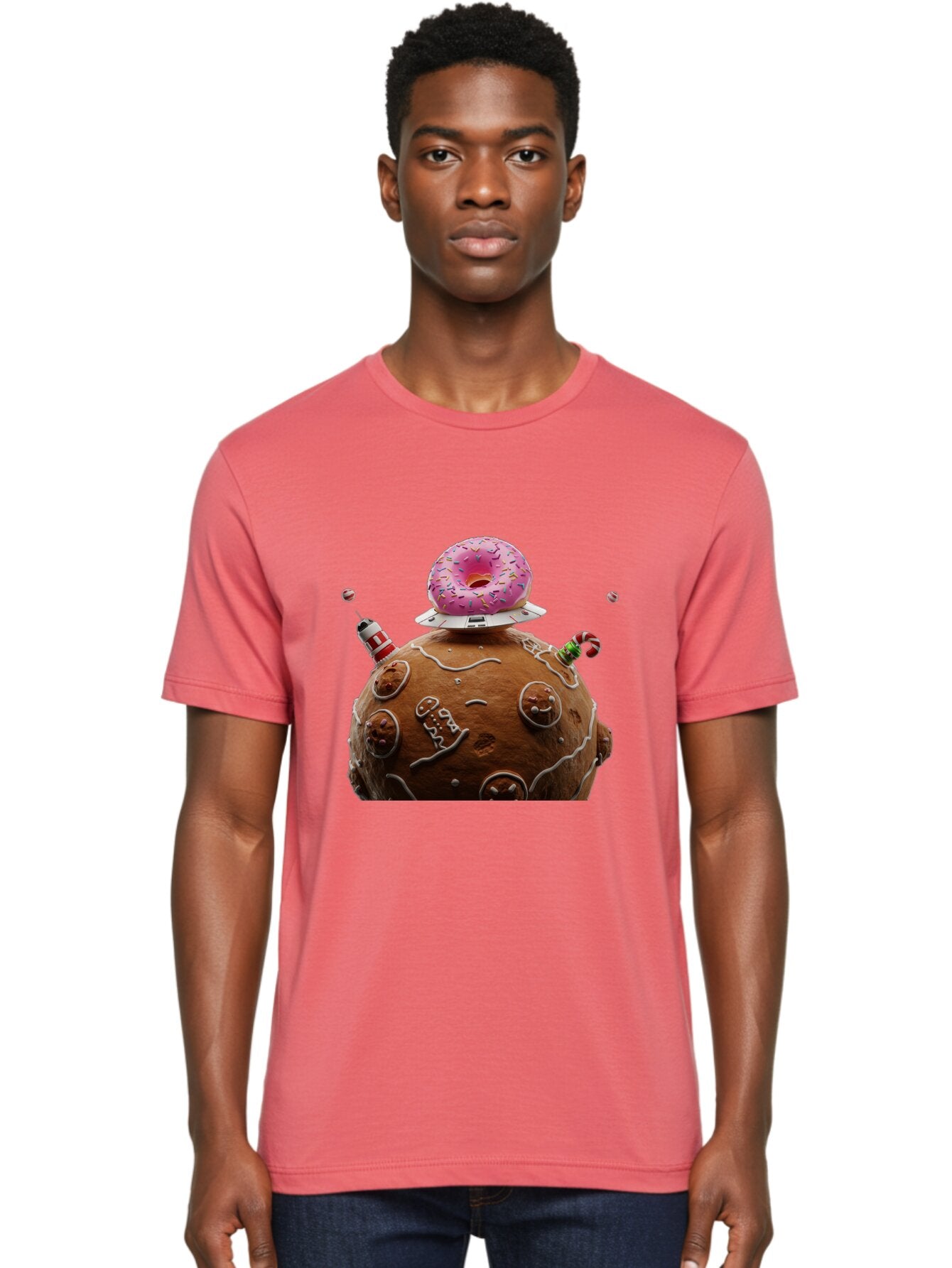 Gingerbread-Planet Men'S Graphic Tee, 100% Cotton, Comfortable Casual Summer Wear, Machine Washable, Donut Spaceship, Pink Donut, Gingerbread Planet, Candy Decorations, Icing Details, Whimsical Scene, Sweet Treats, Dessert Art, Ufo, Spaceship, Bab959 28