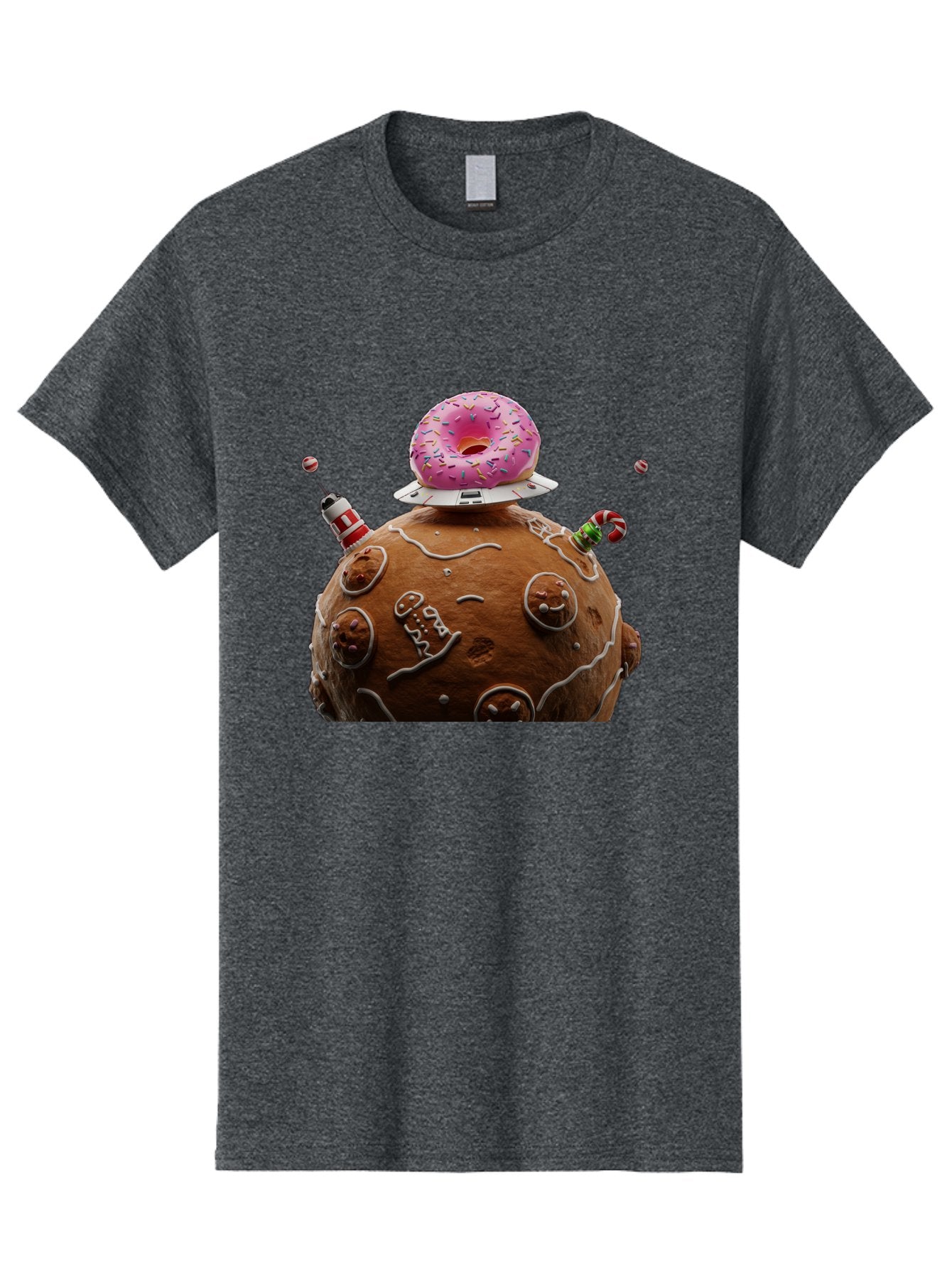 Gingerbread-Planet Men'S Graphic Tee, 100% Cotton, Comfortable Casual Summer Wear, Machine Washable, Donut Spaceship, Pink Donut, Gingerbread Planet, Candy Decorations, Icing Details, Whimsical Scene, Sweet Treats, Dessert Art, Ufo, Spaceship, Bab959 6