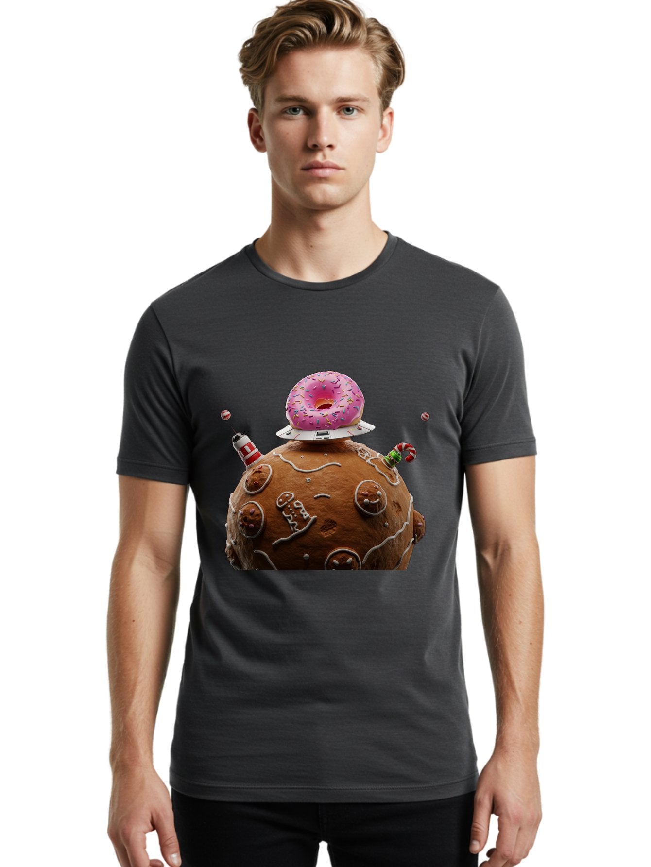 Gingerbread-Planet Men'S Graphic Tee, 100% Cotton, Comfortable Casual Summer Wear, Machine Washable, Donut Spaceship, Pink Donut, Gingerbread Planet, Candy Decorations, Icing Details, Whimsical Scene, Sweet Treats, Dessert Art, Ufo, Spaceship, Bab959 24