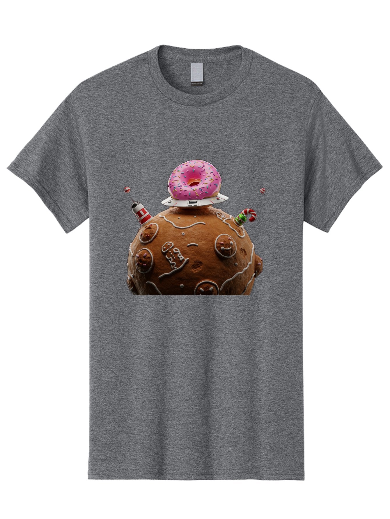 Gingerbread-Planet Men'S Graphic Tee, 100% Cotton, Comfortable Casual Summer Wear, Machine Washable, Donut Spaceship, Pink Donut, Gingerbread Planet, Candy Decorations, Icing Details, Whimsical Scene, Sweet Treats, Dessert Art, Ufo, Spaceship, Bab959 3