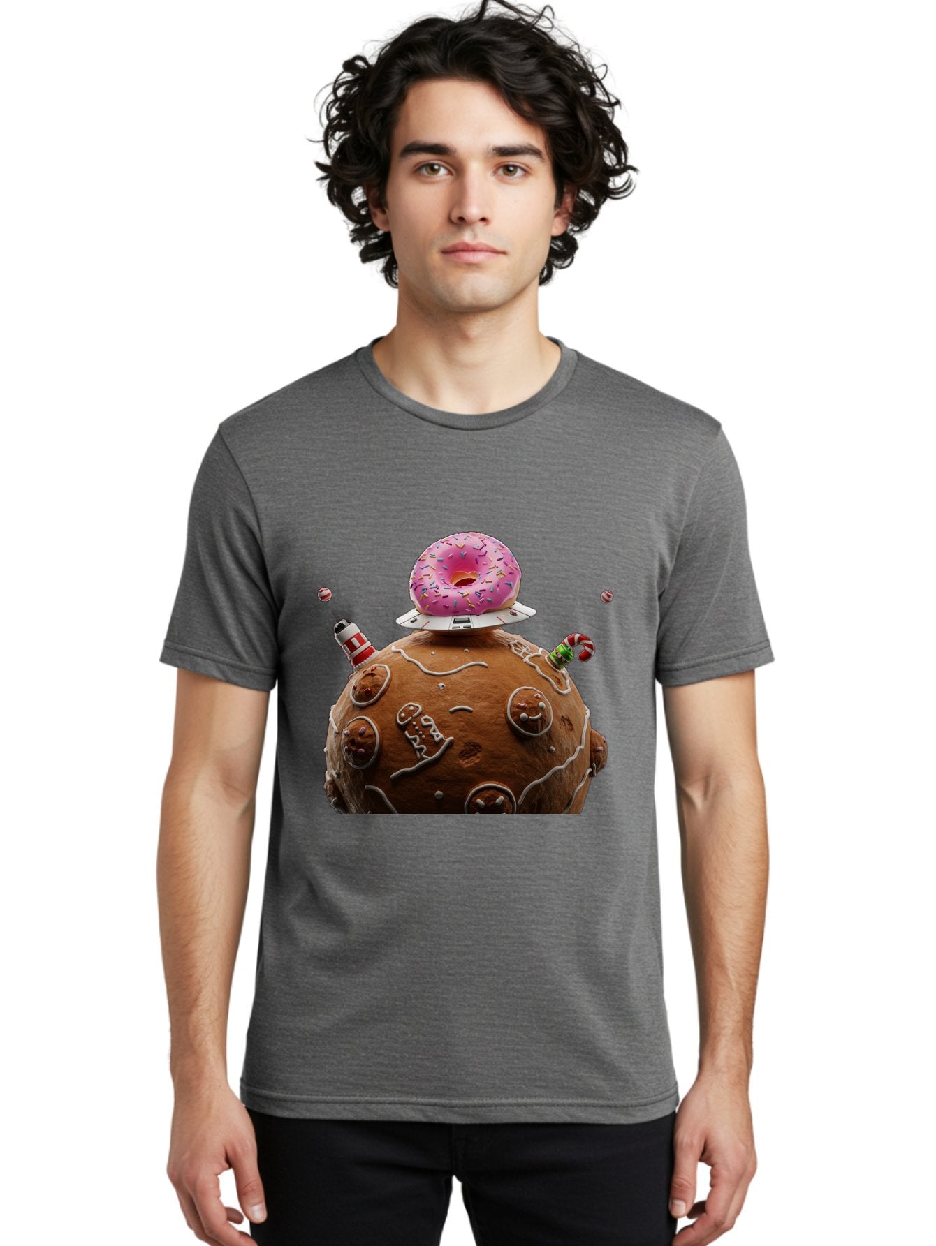 Gingerbread-Planet Men'S Graphic Tee, 100% Cotton, Comfortable Casual Summer Wear, Machine Washable, Donut Spaceship, Pink Donut, Gingerbread Planet, Candy Decorations, Icing Details, Whimsical Scene, Sweet Treats, Dessert Art, Ufo, Spaceship, Bab959 22