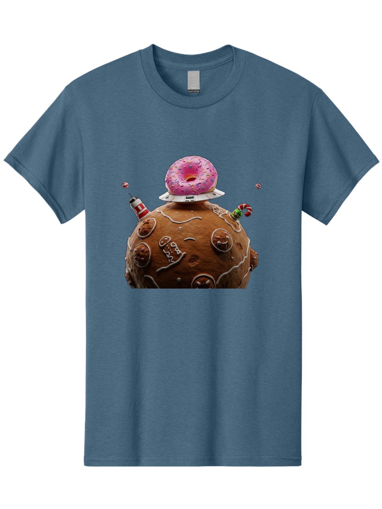 Gingerbread-Planet Men'S Graphic Tee, 100% Cotton, Comfortable Casual Summer Wear, Machine Washable, Donut Spaceship, Pink Donut, Gingerbread Planet, Candy Decorations, Icing Details, Whimsical Scene, Sweet Treats, Dessert Art, Ufo, Spaceship, Bab959 14