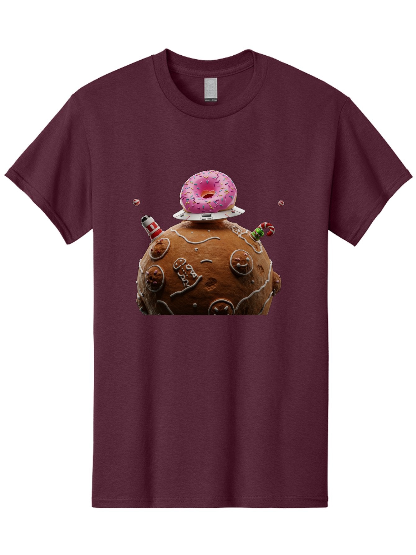 Gingerbread-Planet Men'S Graphic Tee, 100% Cotton, Comfortable Casual Summer Wear, Machine Washable, Donut Spaceship, Pink Donut, Gingerbread Planet, Candy Decorations, Icing Details, Whimsical Scene, Sweet Treats, Dessert Art, Ufo, Spaceship, Bab959 13