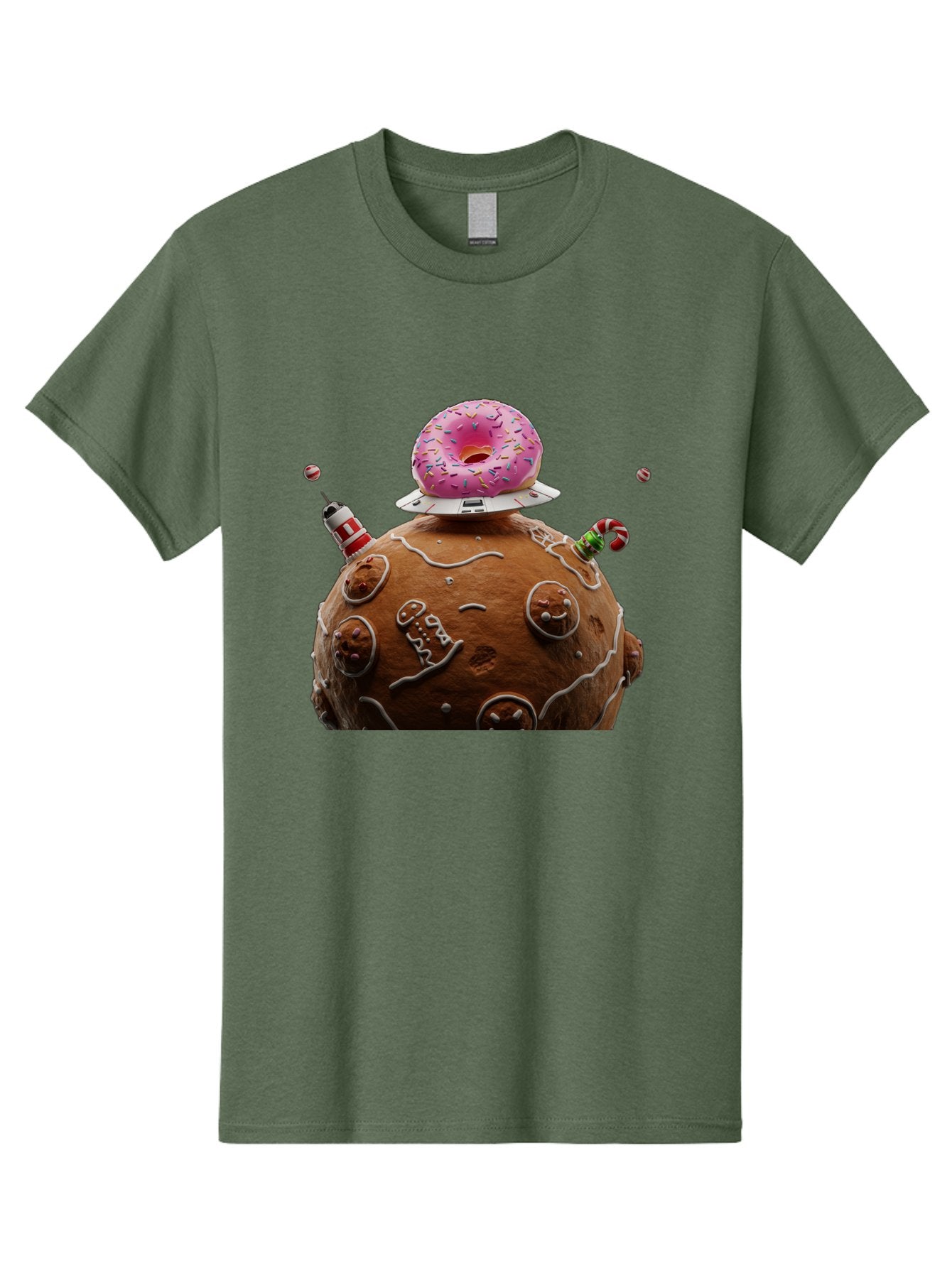 Gingerbread-Planet Men'S Graphic Tee, 100% Cotton, Comfortable Casual Summer Wear, Machine Washable, Donut Spaceship, Pink Donut, Gingerbread Planet, Candy Decorations, Icing Details, Whimsical Scene, Sweet Treats, Dessert Art, Ufo, Spaceship, Bab959