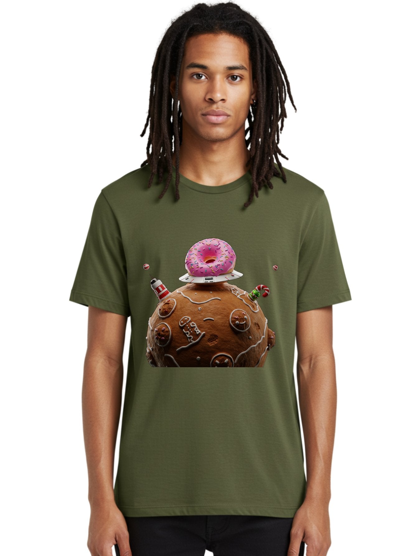 Gingerbread-Planet Men'S Graphic Tee, 100% Cotton, Comfortable Casual Summer Wear, Machine Washable, Donut Spaceship, Pink Donut, Gingerbread Planet, Candy Decorations, Icing Details, Whimsical Scene, Sweet Treats, Dessert Art, Ufo, Spaceship, Bab959 19